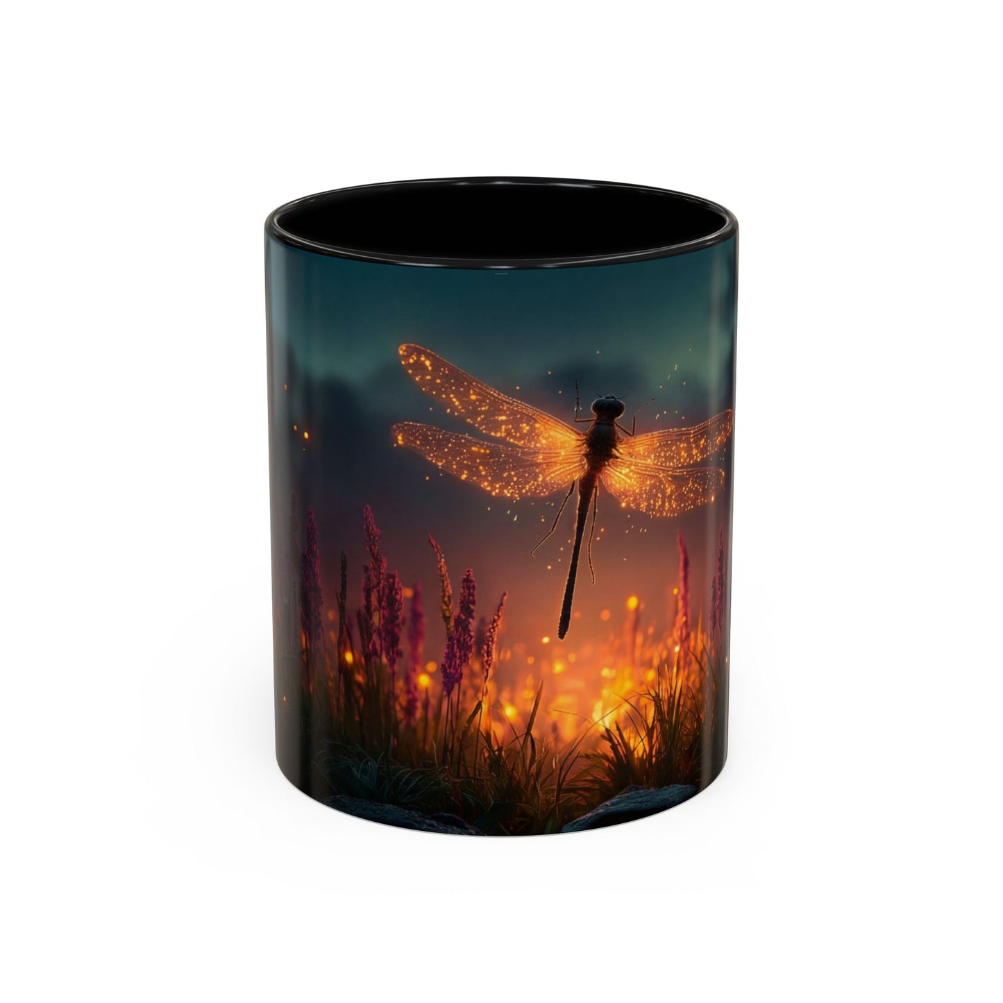 Firefly Dragonfly Accent Coffee Mug (11, 15oz) – Twilight Luminescence Over Meadow