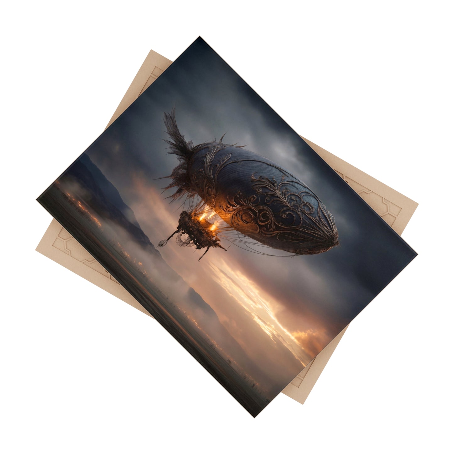 Ornate Airship Ceramic Photo Tile – Sunset Flight Through Stormy Skies
