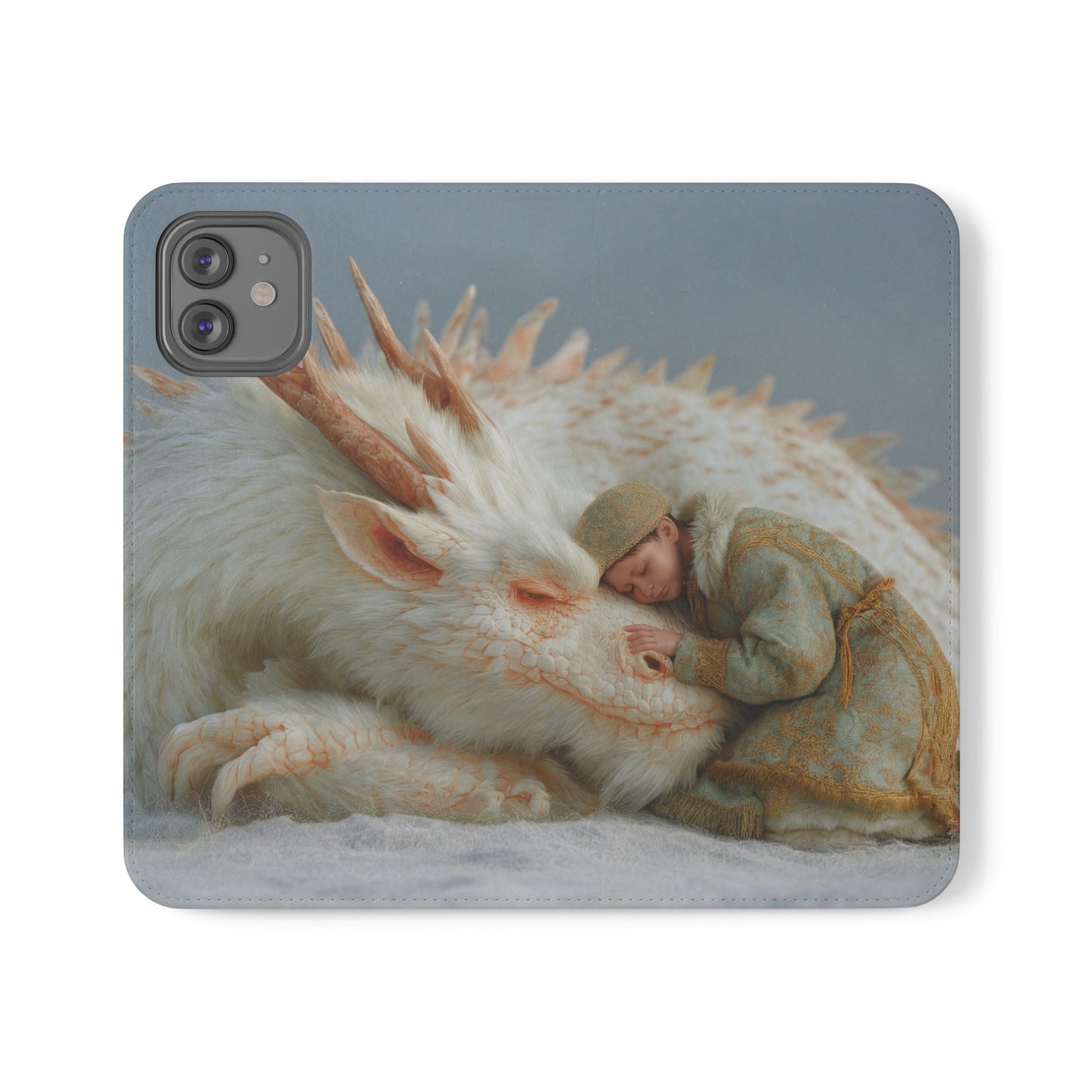 Sleeping Child and Dragon Flip Cases – Snowy Guardian Embrace