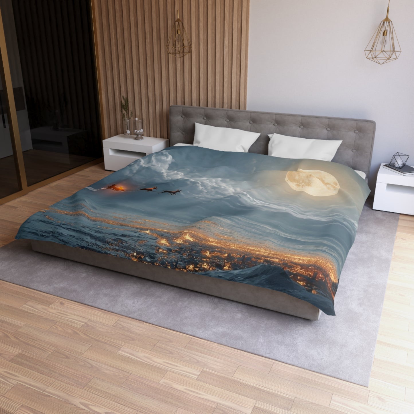 Lunar Sleigh Ride Microfiber Duvet Cover – Midnight Deliveries Over Frost-Covered Towns