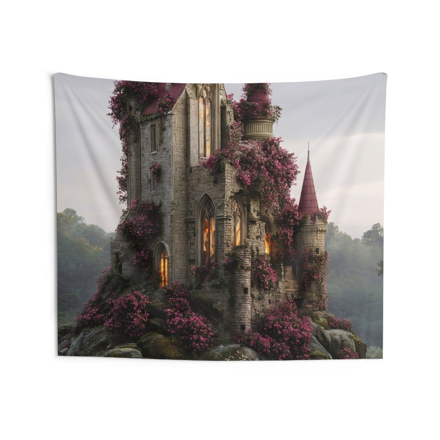 Rose-Covered Castle Wall Tapestry – Twilight Bloom Sanctuary