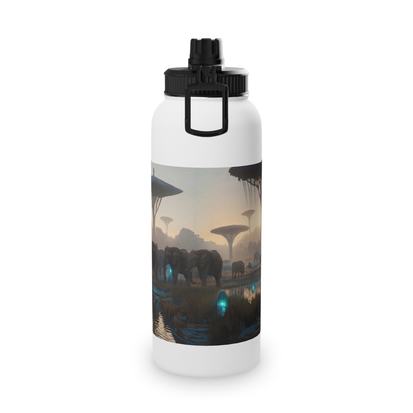 Elephants of the Bio-Luminescent Savanna Stainless Steel Water Bottle, Sports Lid – Twilight Oasis