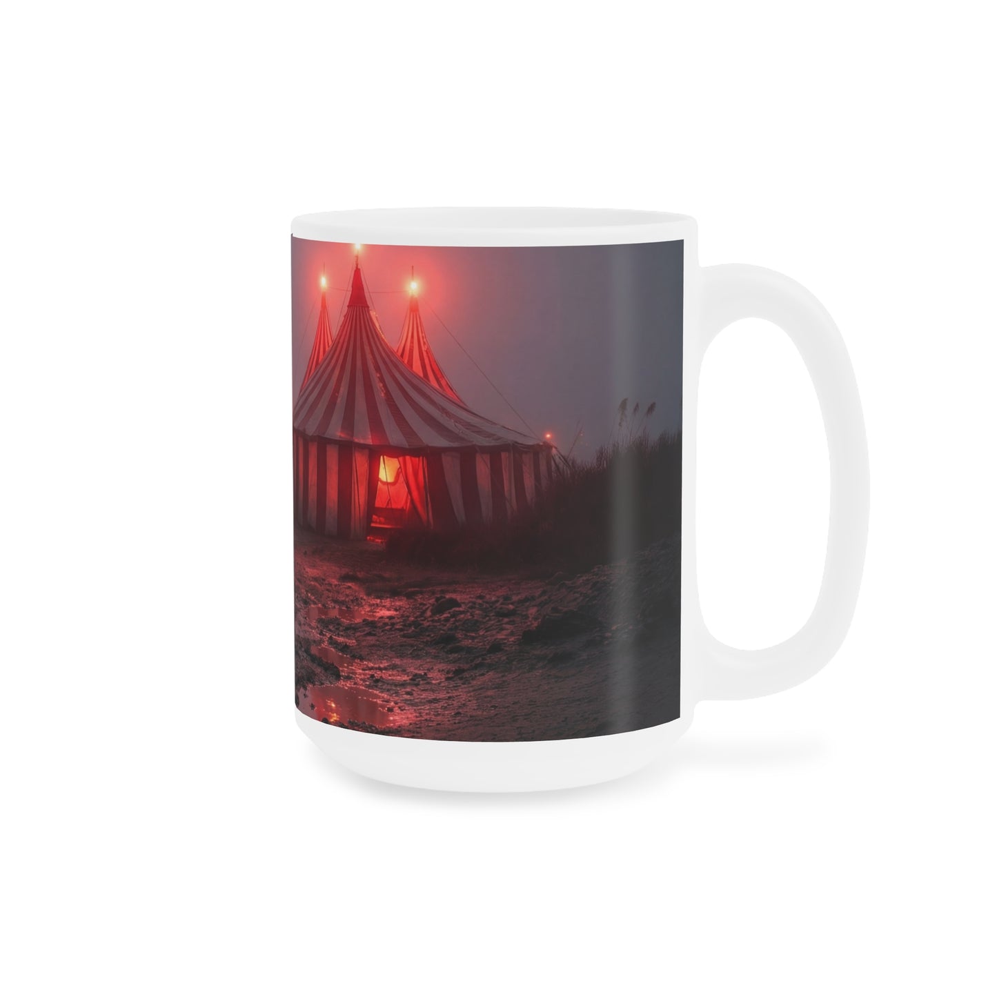 Crimson Circus Tent Ceramic Mugs (11oz\15oz\20oz) – Fogbound Wonder at Dusk