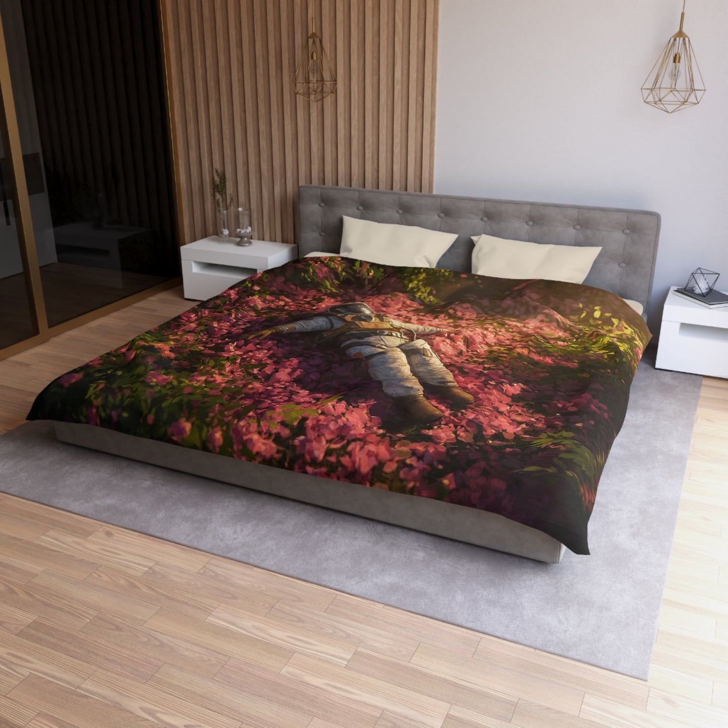 Astronaut Amidst Petal Bloom Microfiber Duvet Cover – Sunset Sanctuary in Bloom