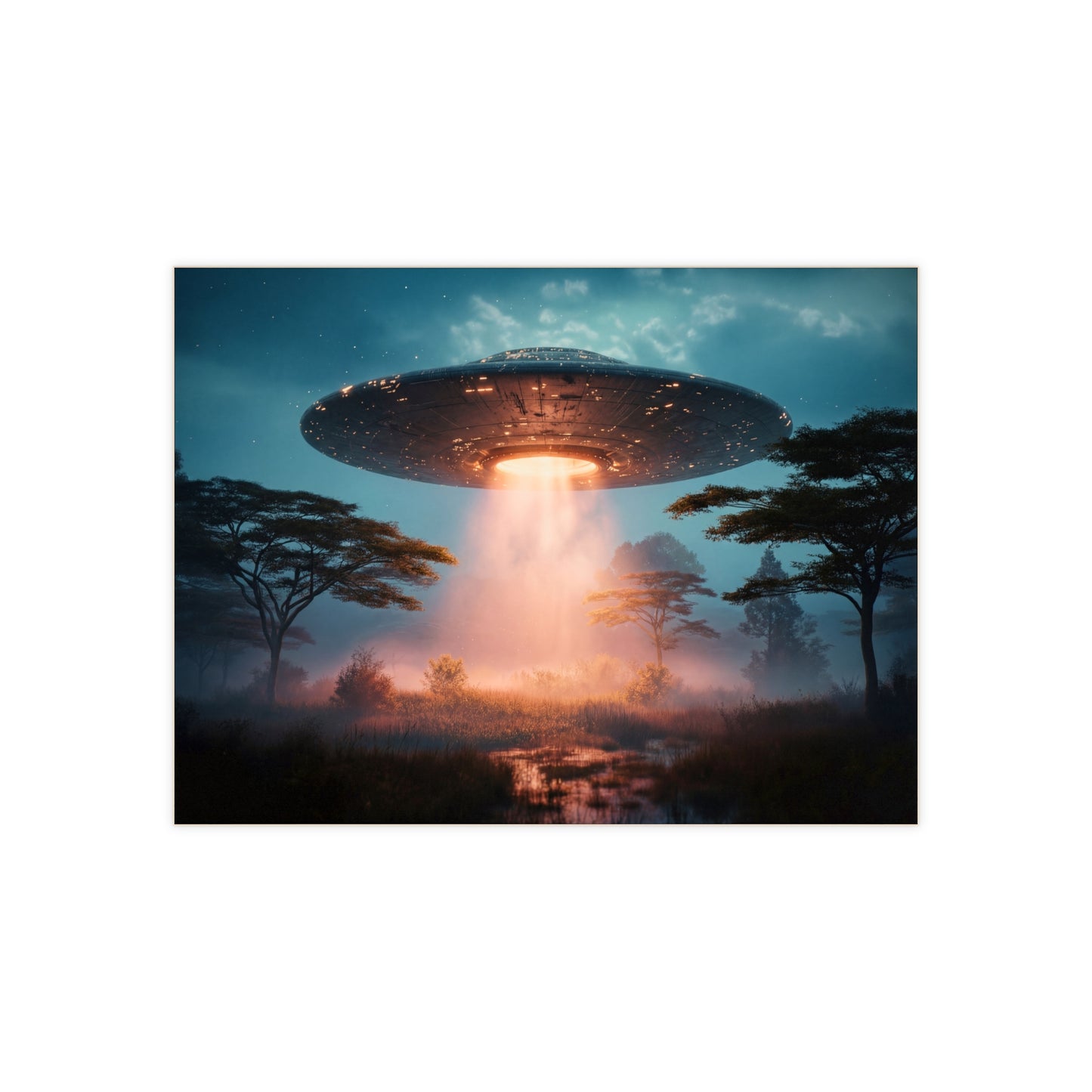 UFO Over Savannah Ceramic Photo Tile – Warm Light on Misty Earth