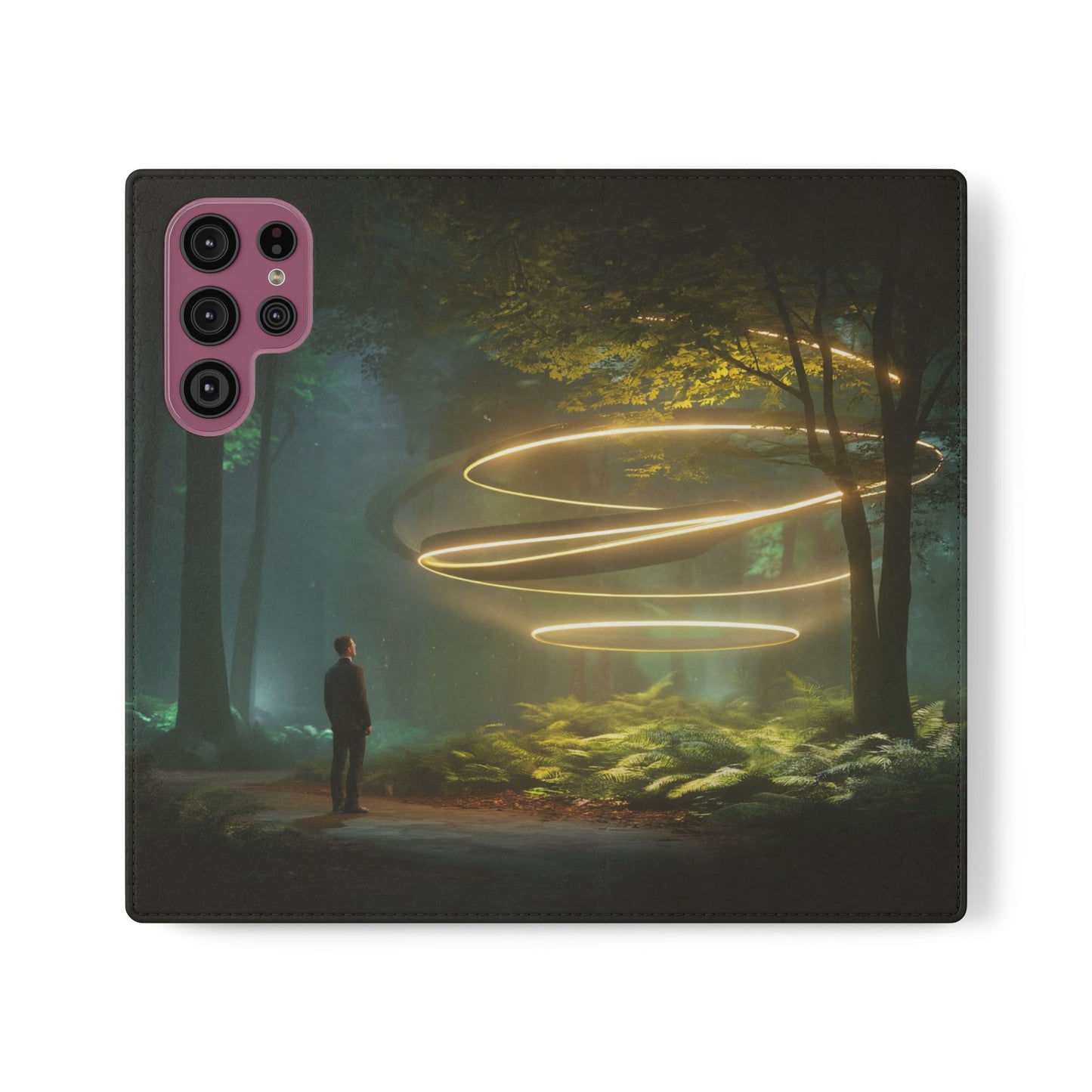 Luminous Spiral Forest Flip Cases – Golden Light Rings Mystery Scene