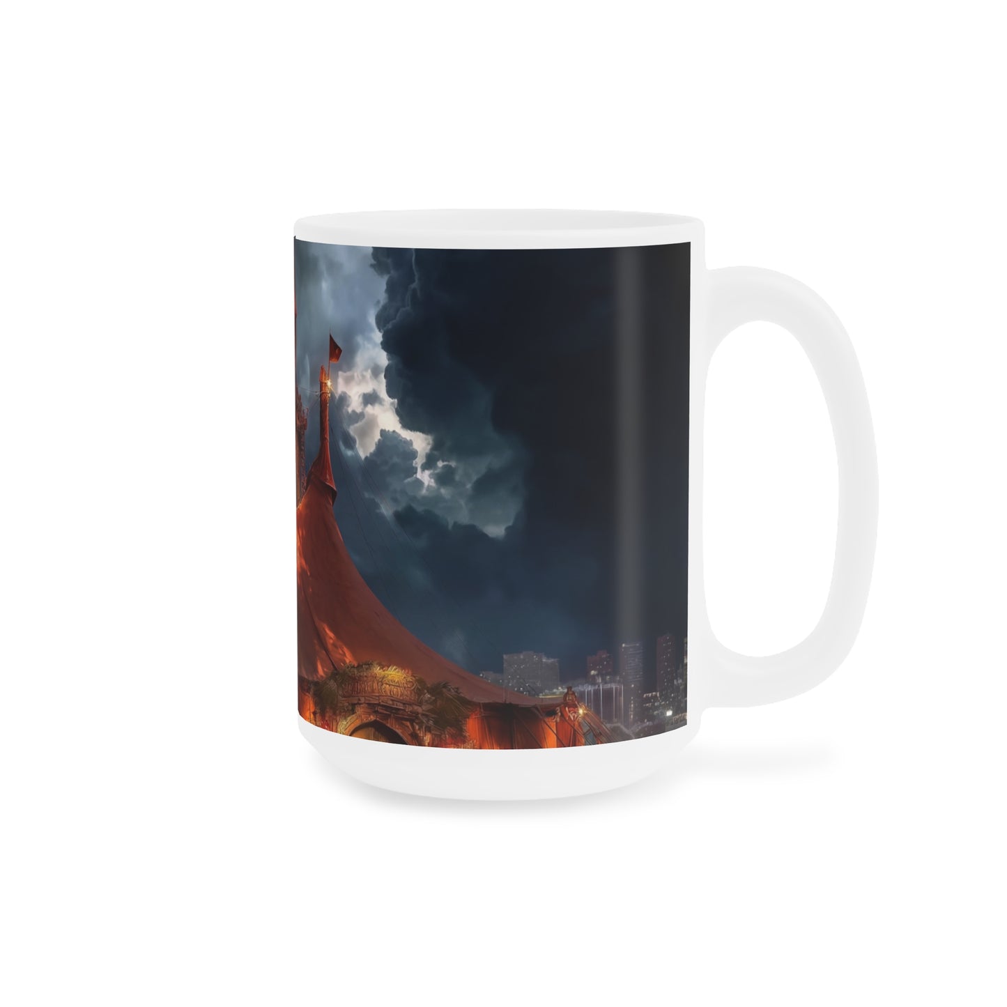 Crimson Circus Tent Mugs – Neon Nightscape Under Stormy Skies