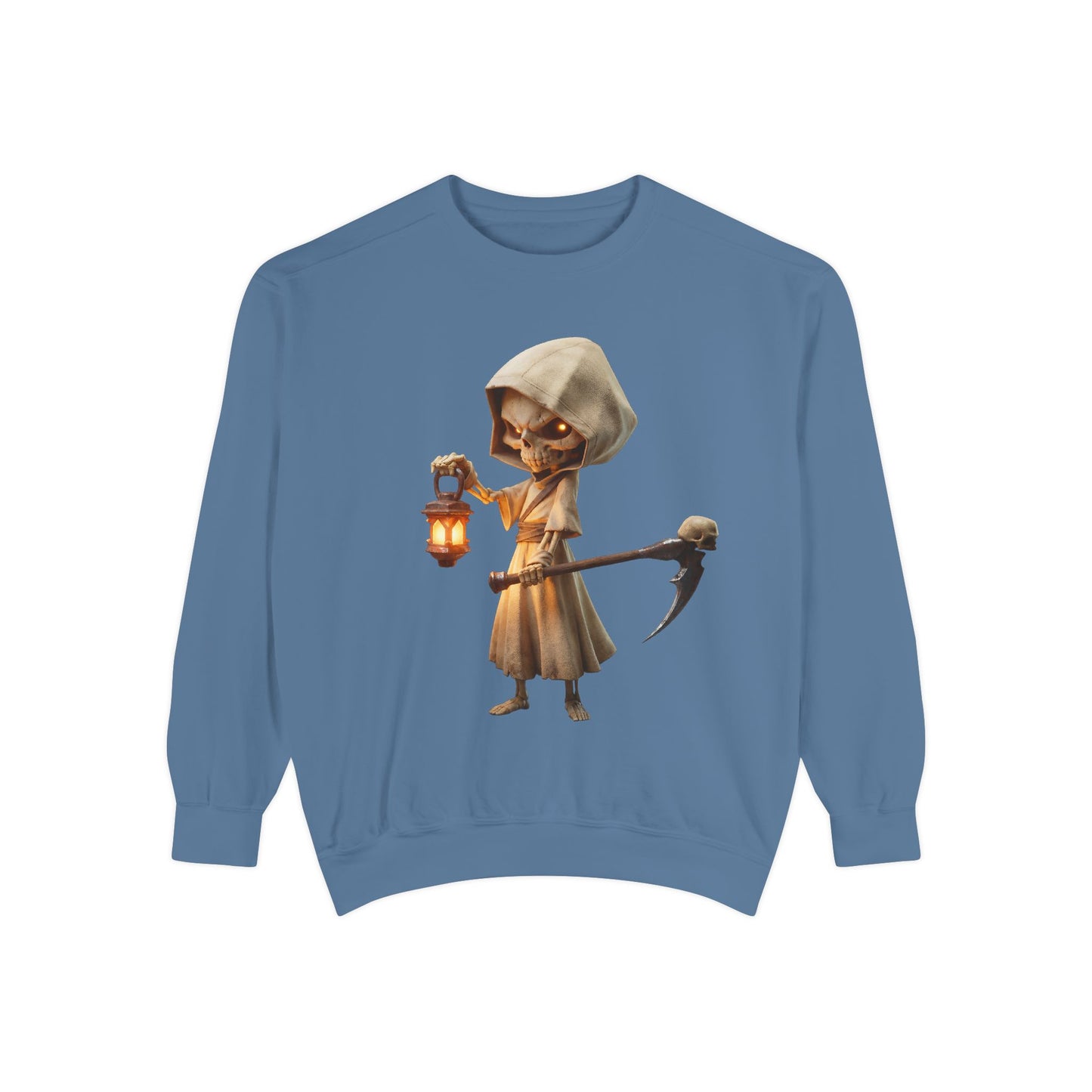 Hooded Lantern Grim Reaper Sweatshirt – Glowing Eyes and Scythe Guardian