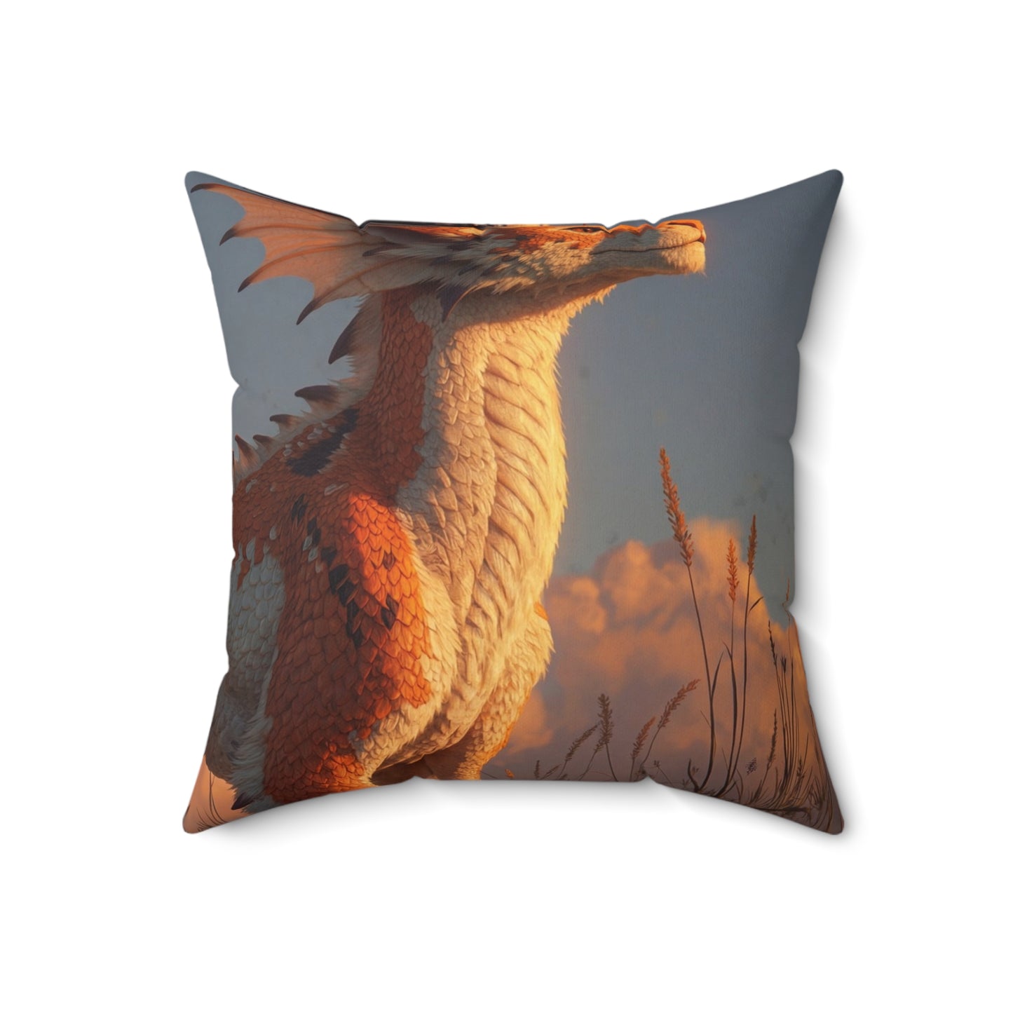 Sunset Sentinel Dragon Spun Polyester Square Pillow – Warm Amber Glow in Wild Grasses