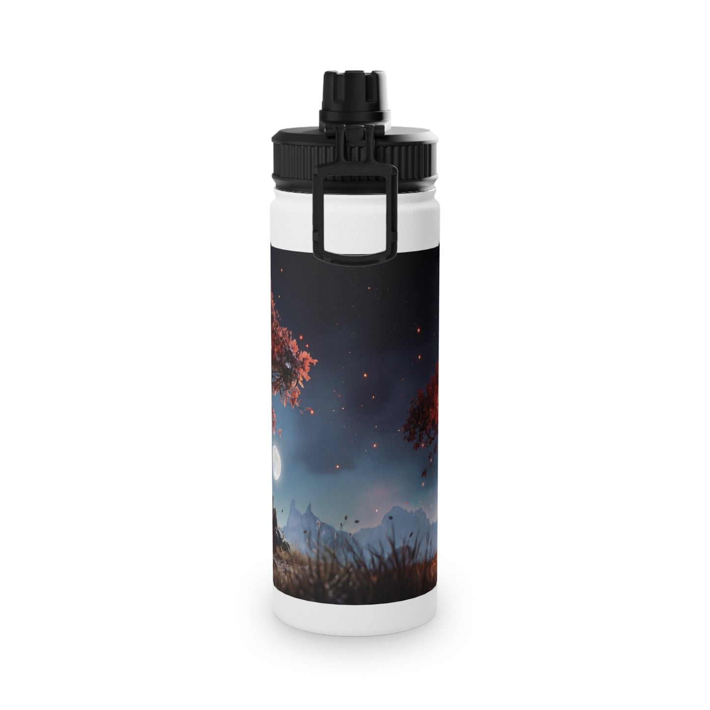 Whispering Ember Tree Stainless Steel Water Bottle, Sports Lid – Moonlit Campfire Sanctuary