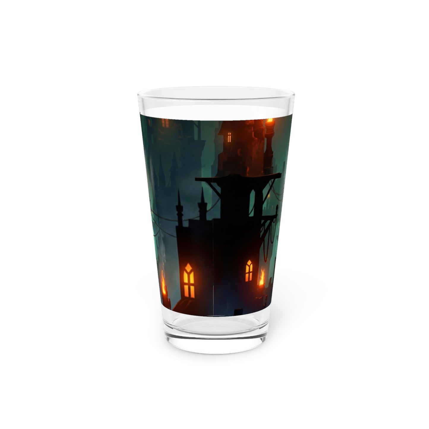 Floating City at Dusk Pint Glass – Warm Lights in the Misty Sky