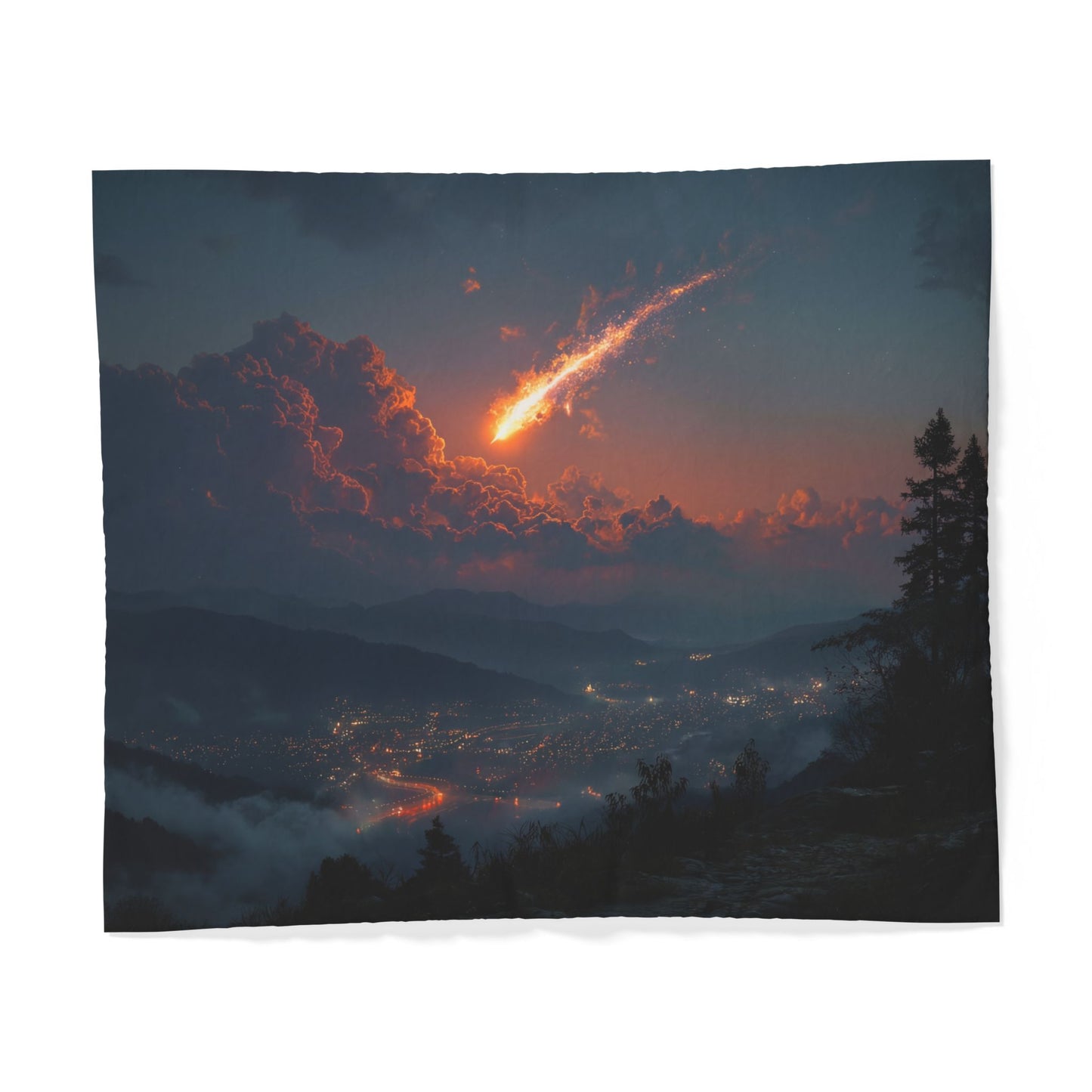 Meteor Storm Over Mountain Valley Duvet Cover – Twilight City Lights and Fiery Sky