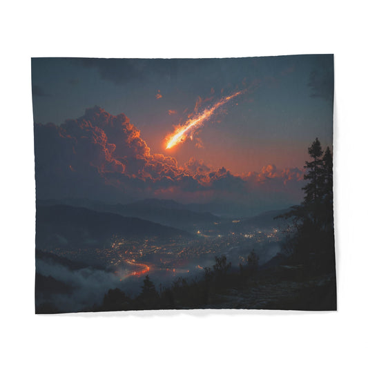 Meteor Storm Over Mountain Valley Duvet Cover – Twilight City Lights and Fiery Sky