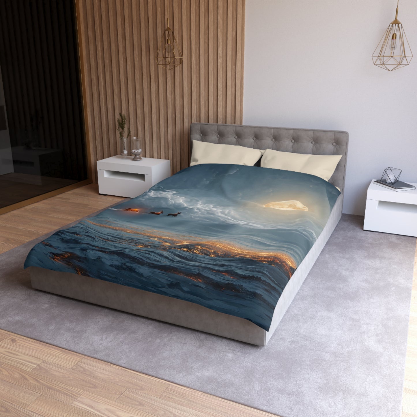 Lunar Sleigh Ride Microfiber Duvet Cover – Midnight Deliveries Over Frost-Covered Towns