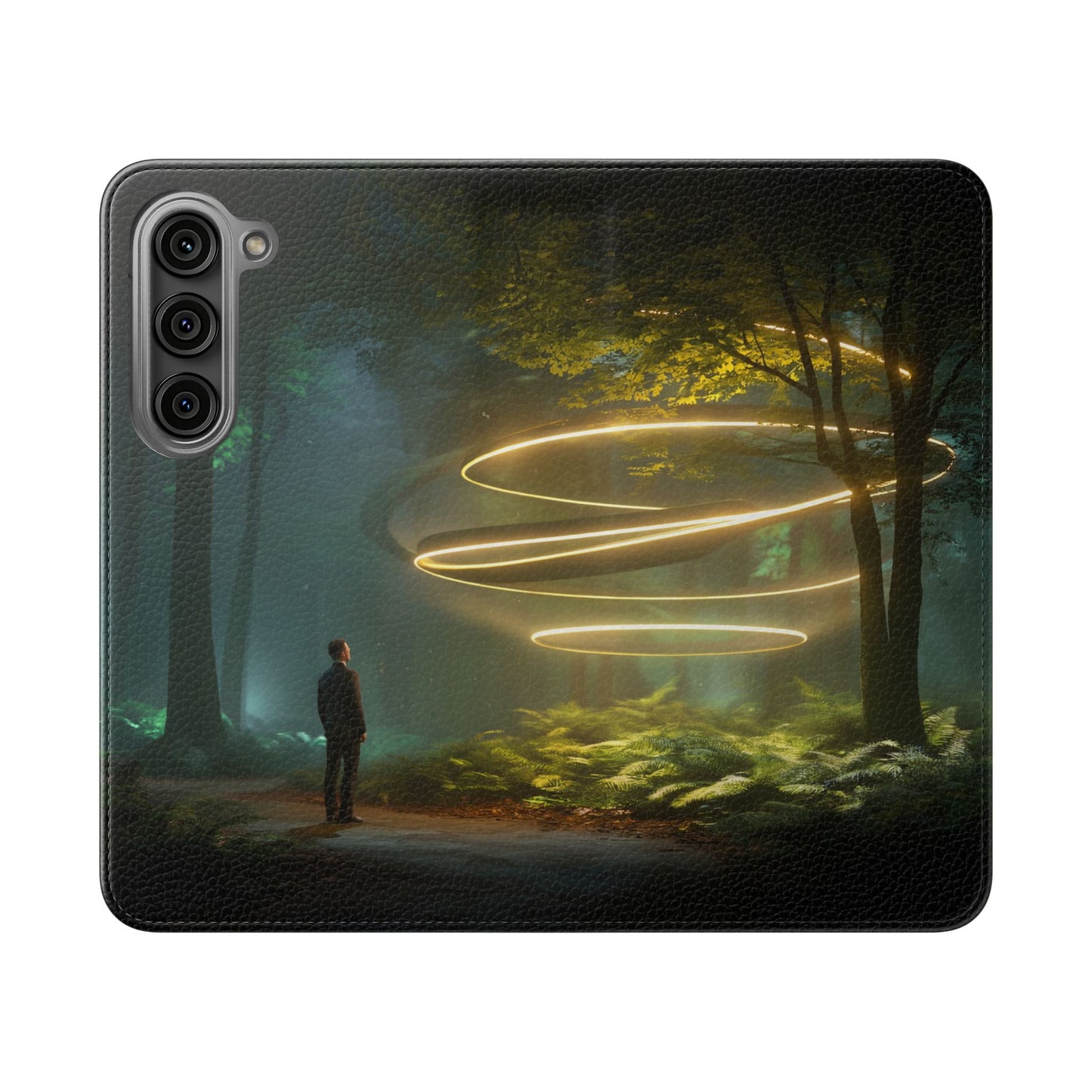 Luminous Spiral Forest Flip Cases – Golden Light Rings Mystery Scene