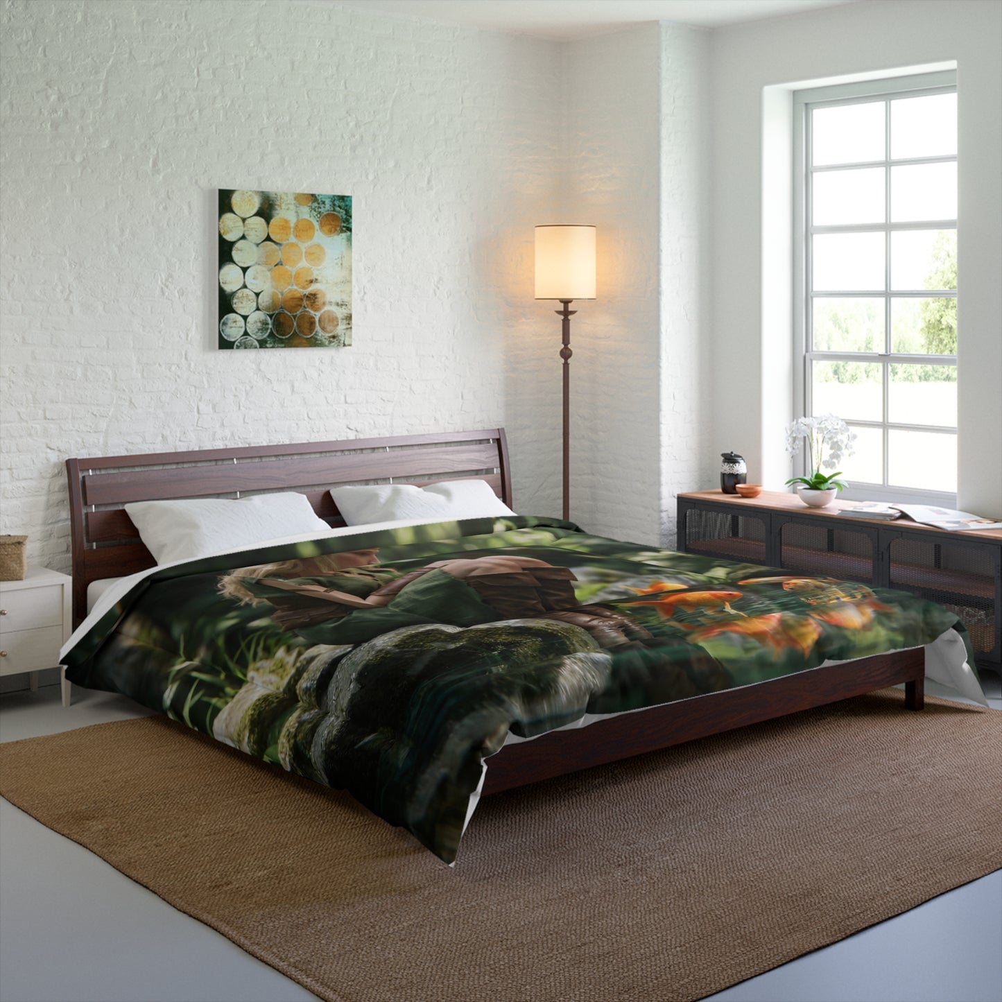 Elven Whisperer Comforter – Golden Fish in Mossy Grove Dreamscape