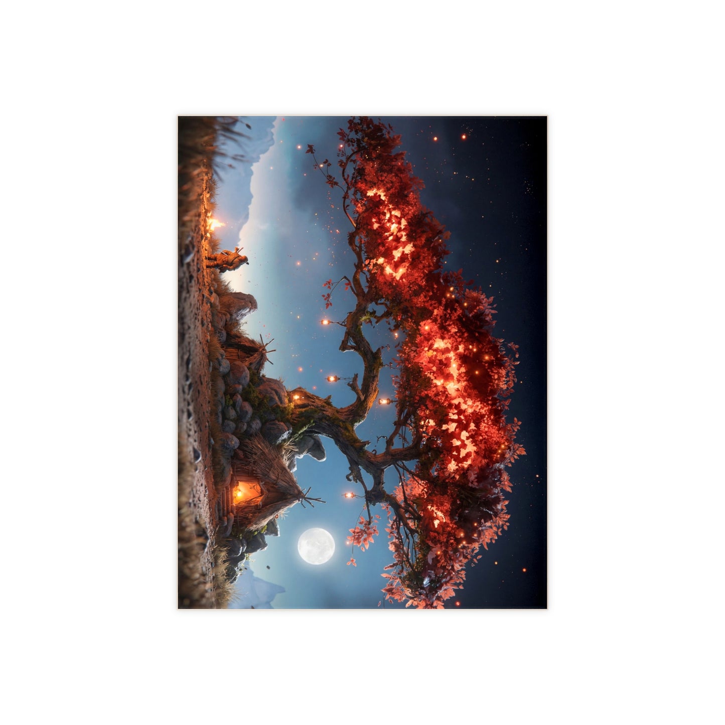 Whispering Ember Tree Ceramic Photo Tile – Moonlit Hearth Under a Burning Canopy