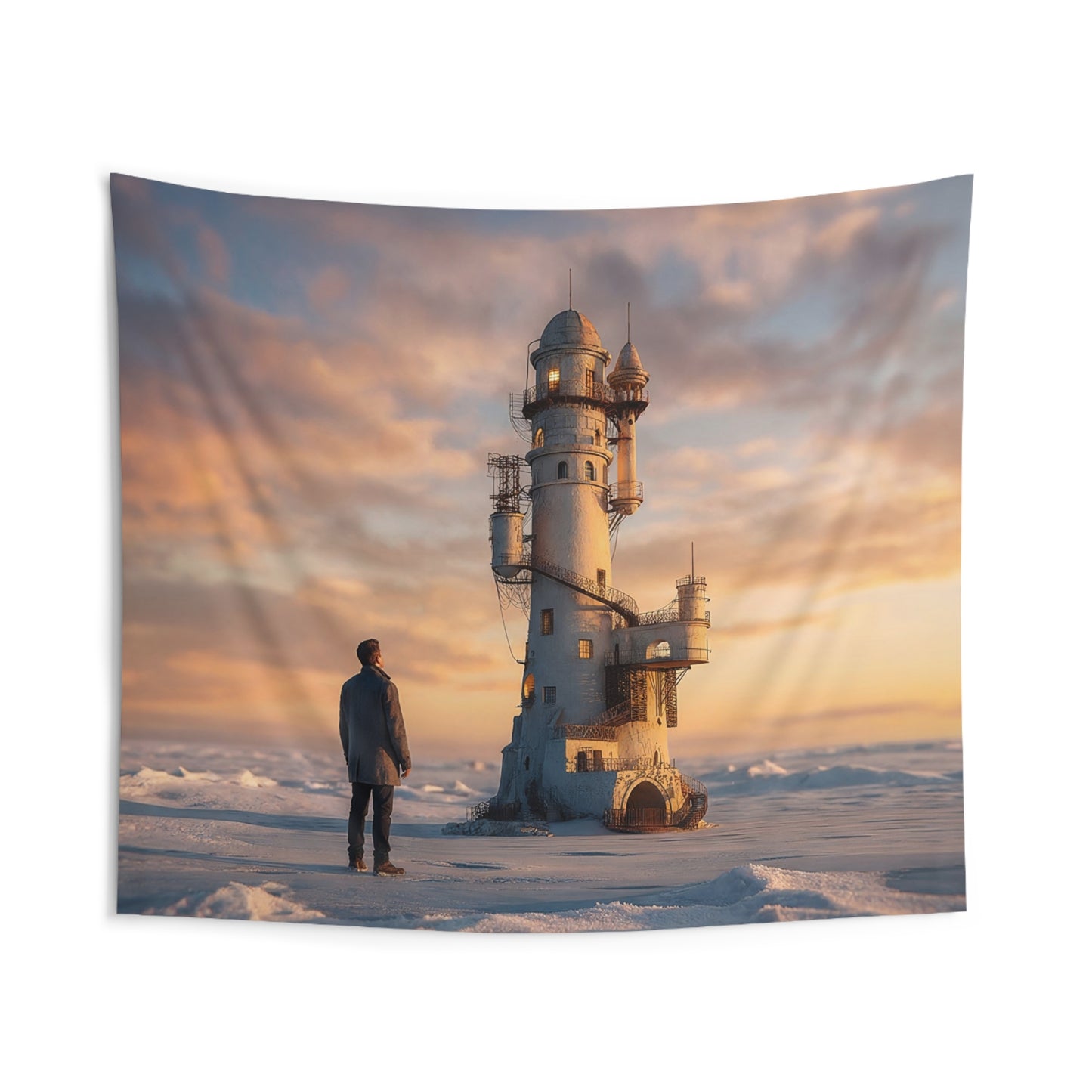 Solitary Lighthouse Wall Tapestry – Warm Glow Against Frozen Skies