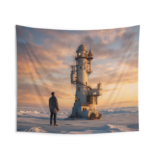 Solitary Lighthouse Wall Tapestry – Warm Glow Against Frozen Skies