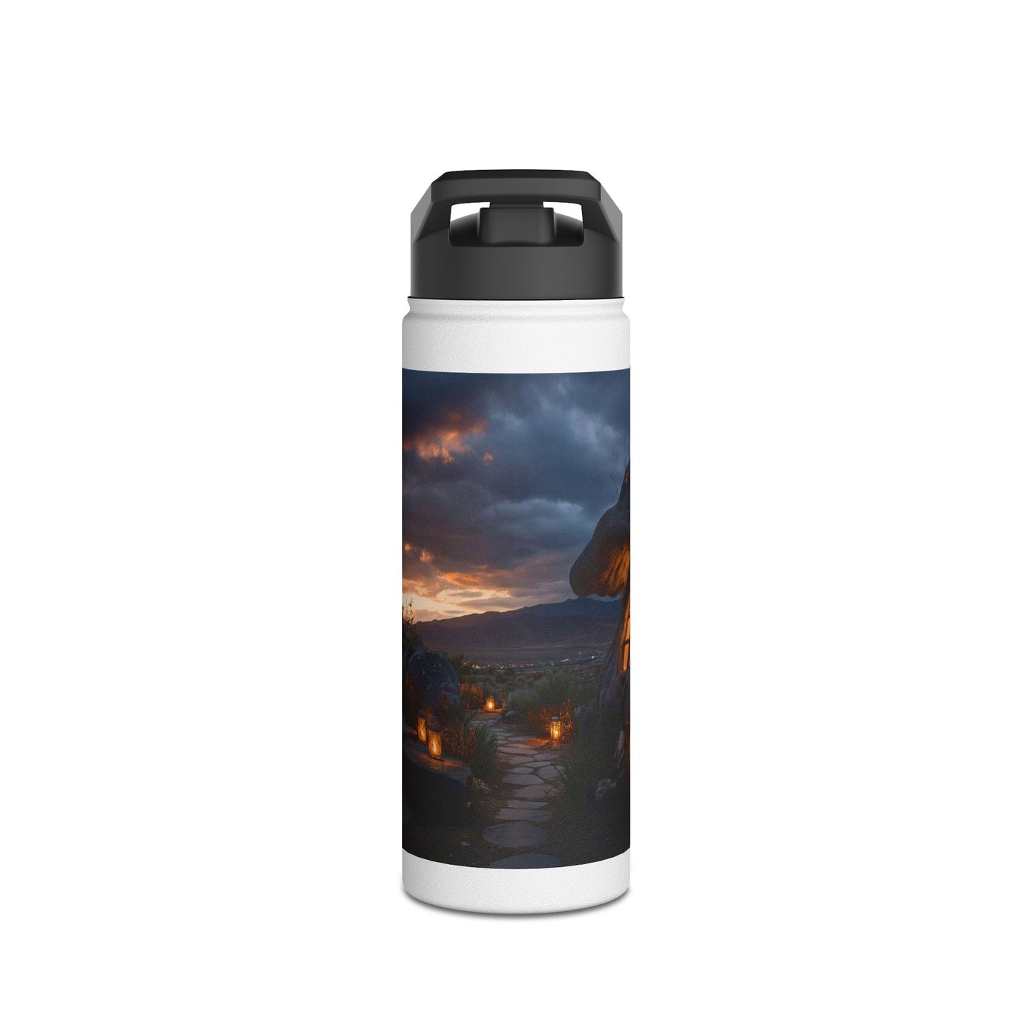 Mushroom Cottage Sunset Water Bottle – Warm Glow Haven Standard Lid