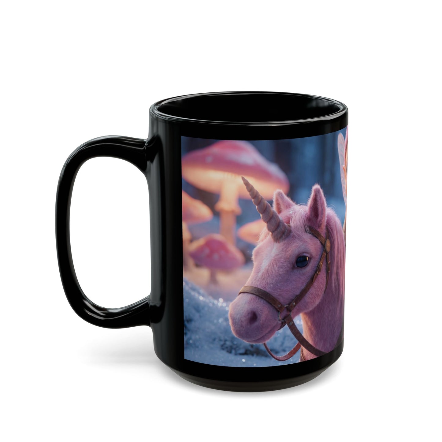 Fairy Rider Unicorn Mug – Snowy Mushroom Grove Dreamscape