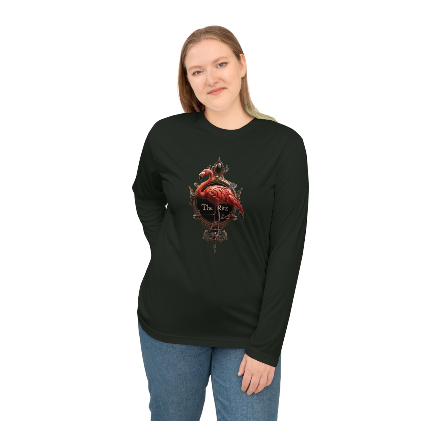 The Ritz Flamingo Unisex Performance Long Sleeve Shirt – Golden Frame Elegance