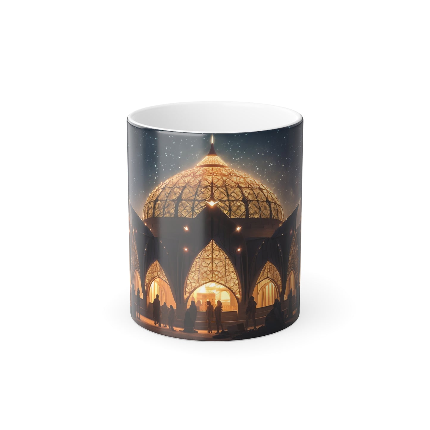 A celestial observatory materializing in the heart of the Burning Man festival, its intricate architecture inspiring awe and wonder. - Color Morphing Mug, 11oz