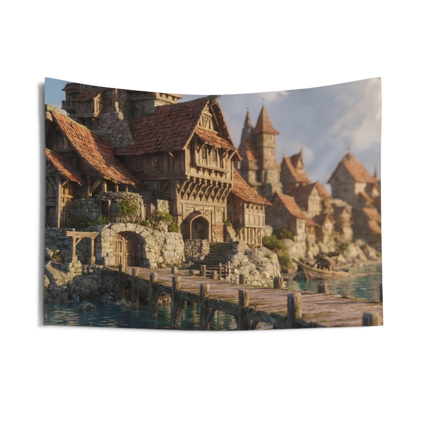 Coastal Viking Village Wall Tapestry – Sunlit Harbor Whispers