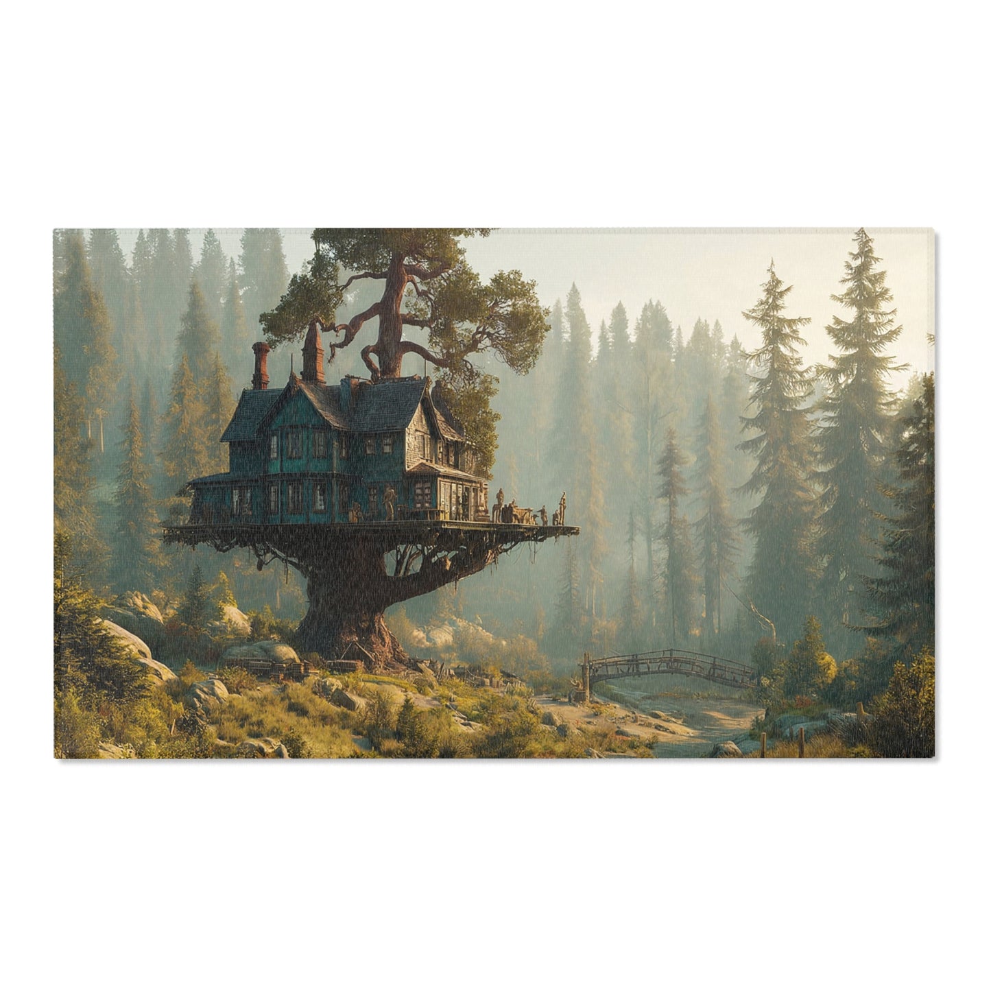 Treehouse Haven Area Rugs – Emerald Cabin Perched in Misty Pines
