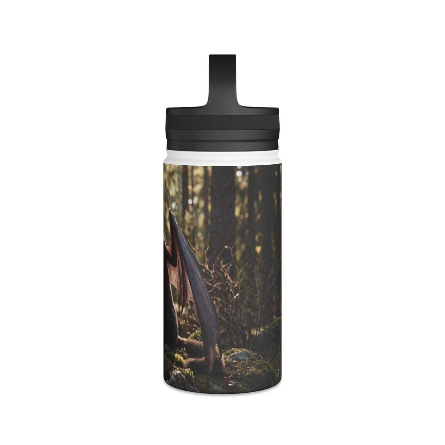 Winged Wolf in Sunlit Forest Stainless Steel Water Bottle, Handle Lid – Guardian of the Mossy Glade
