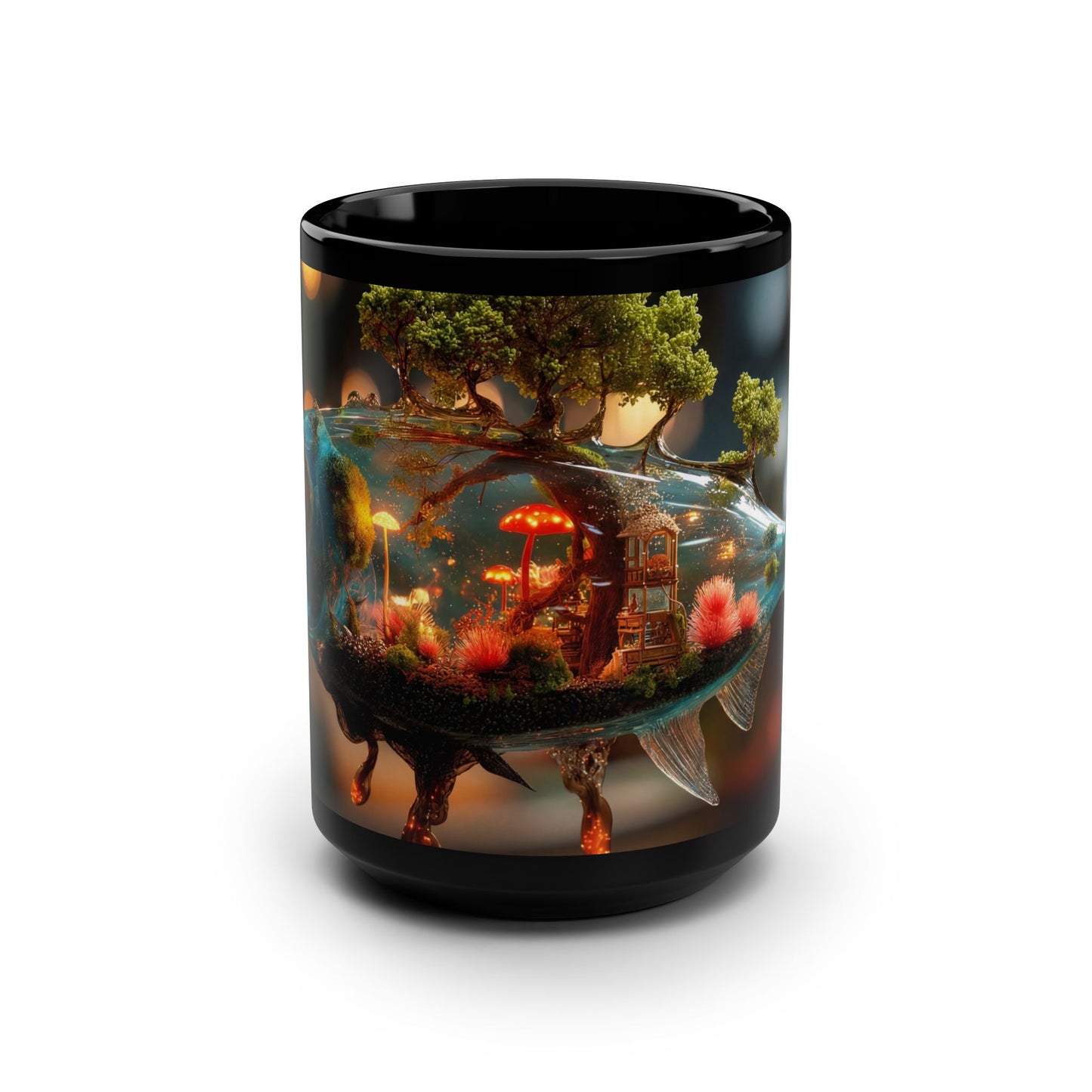 Forest Within Fish Black Mug, 15oz – Liquid Dreamscape Sanctuary