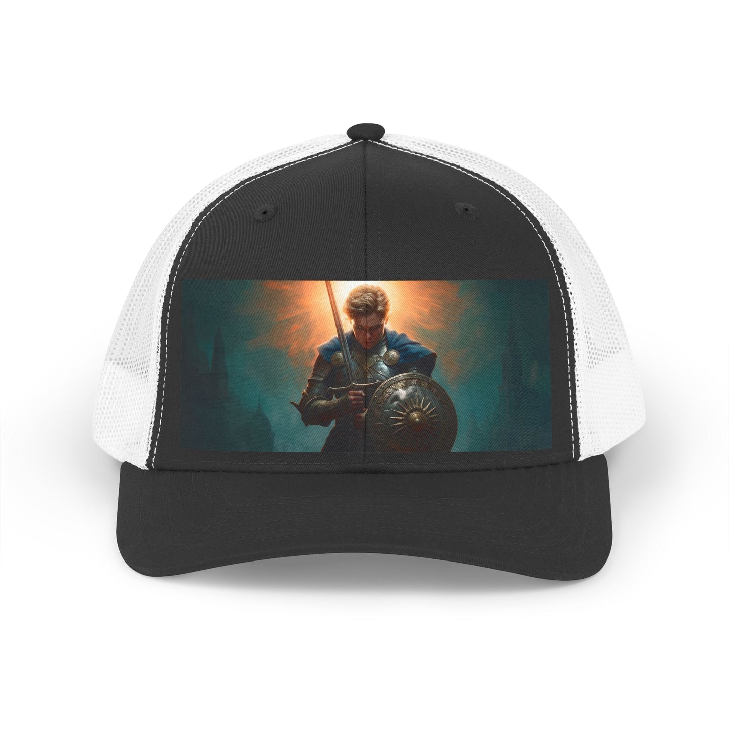 Dawnblade Knight Trucker Retro Hat – Radiant Resolve in Bronze and Blue