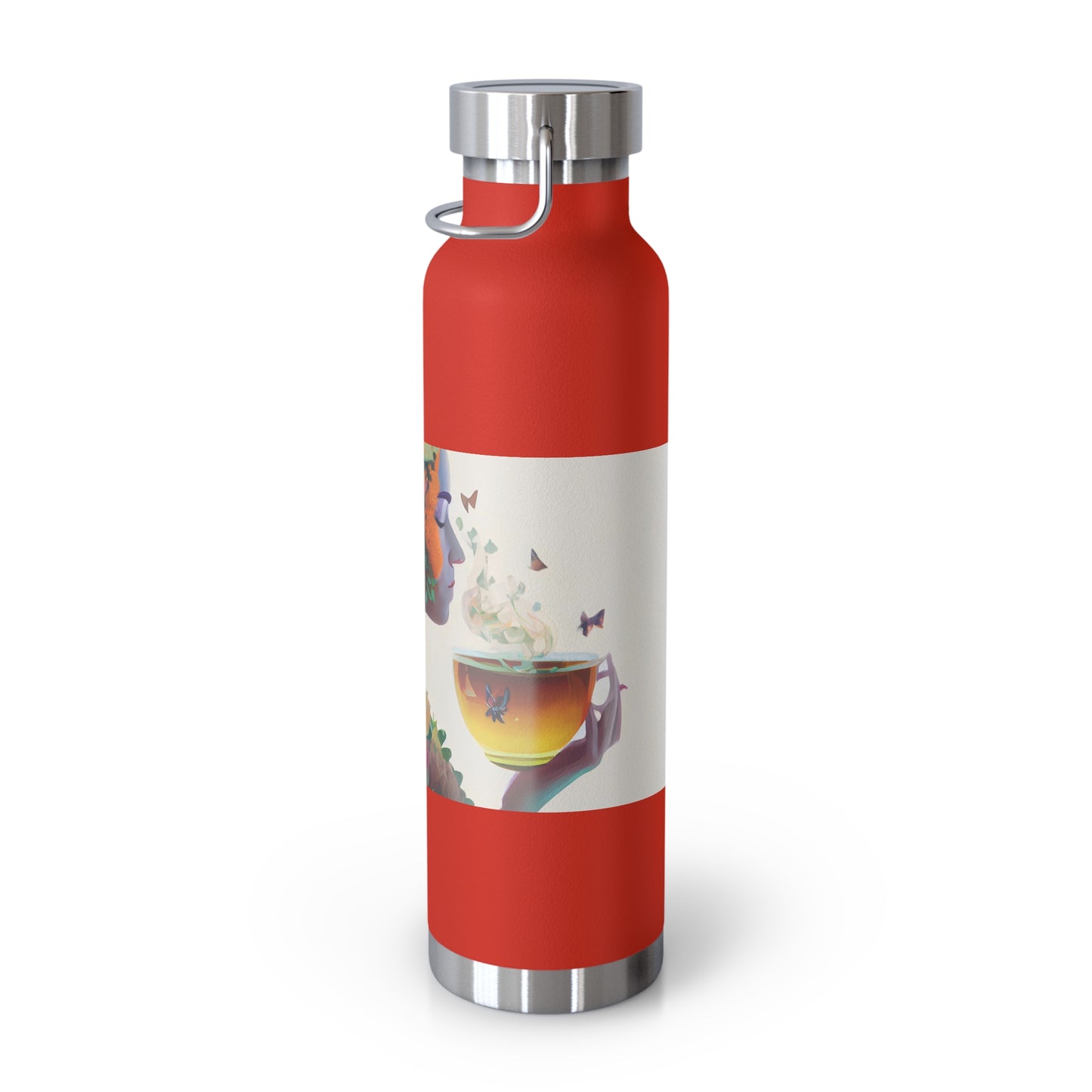 character design, double exposure shot, front profile of a beautiful tea faerie filled with a blooming amazonian jungle, happiness - Copper Vacuum Insulated Bottle, 22oz