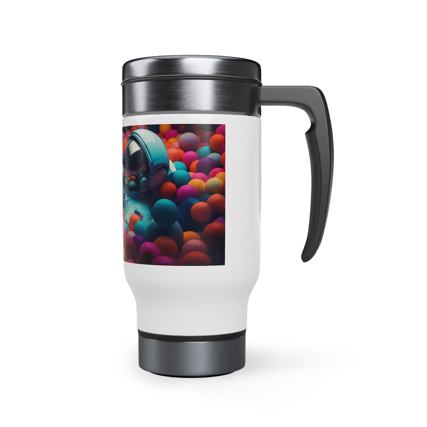 a realistic of photography astronaut lying in colourful balls pool - Stainless Steel Travel Mug with Handle, 14oz