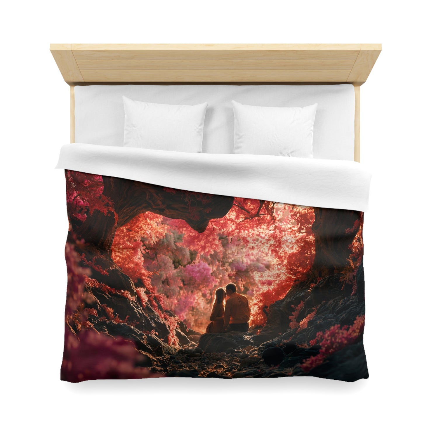 Crimson Archway Duvet Cover – Heart-Shaped Forest Canopy Print