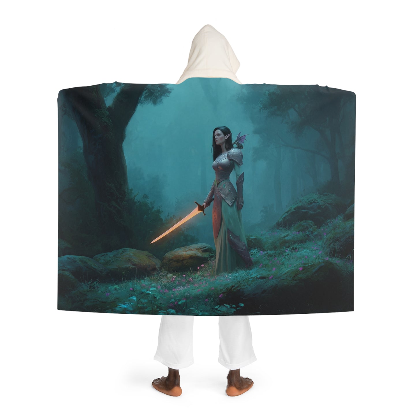 Forest Guardian with Glowing Blade Hooded Sherpa Fleece Blanket – Misty Grove Sentinel