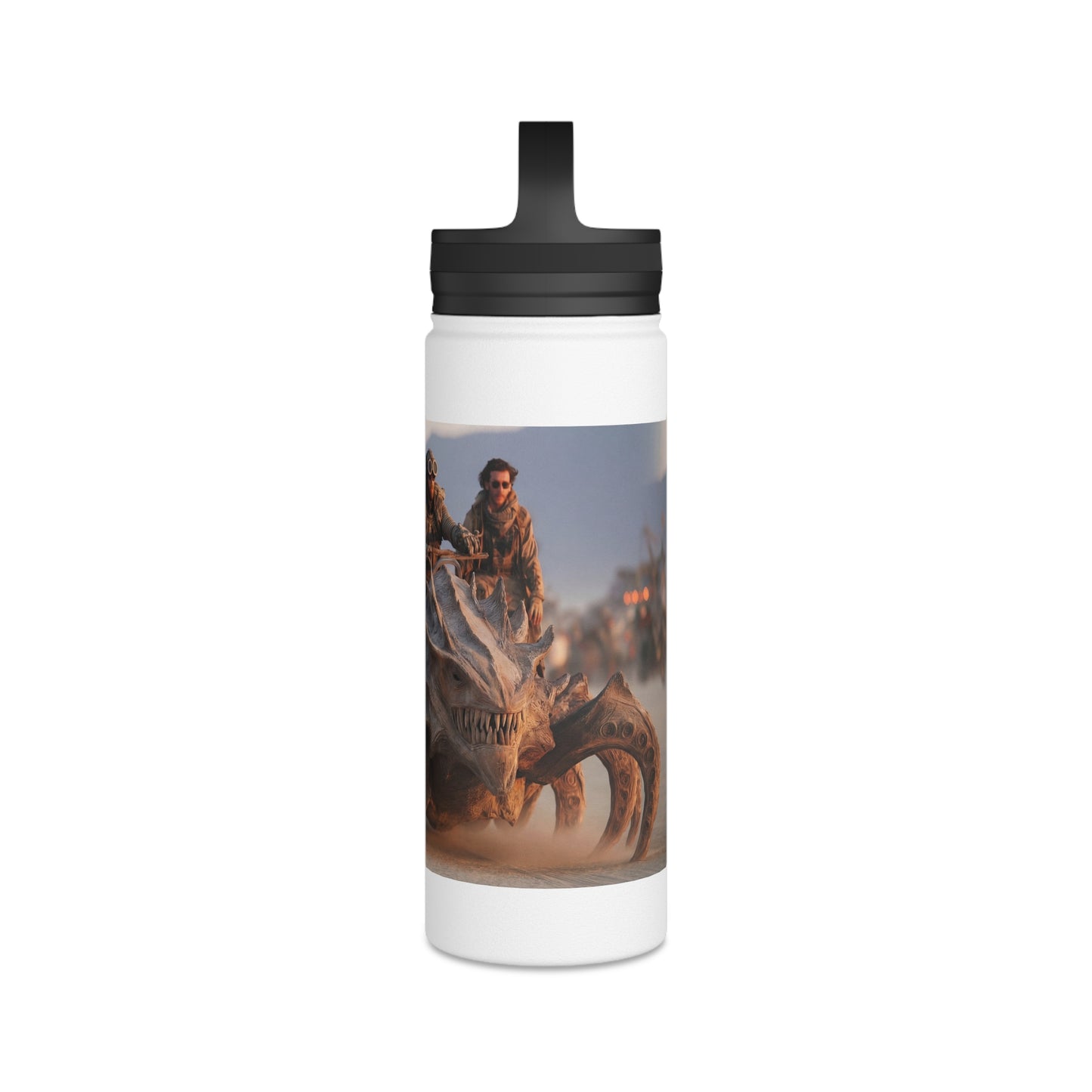 Desert Nomad Chariot Water Bottle – Handle Lid – Dust-Swirled Sunset Ride