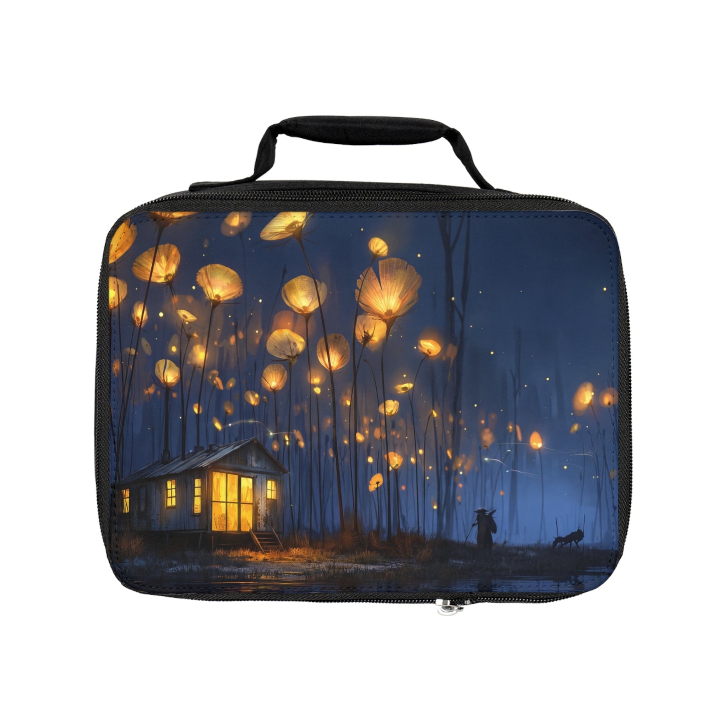 Luminous Wildflower Cottage Lunch Bag – Warm Light in the Twilight Marsh