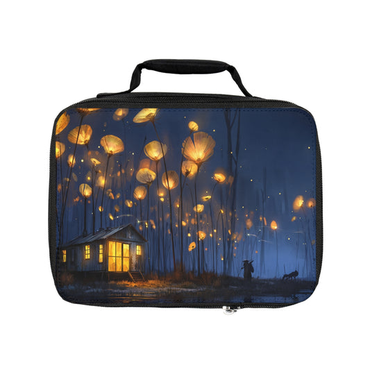 Luminous Wildflower Cottage Lunch Bag – Warm Light in the Twilight Marsh