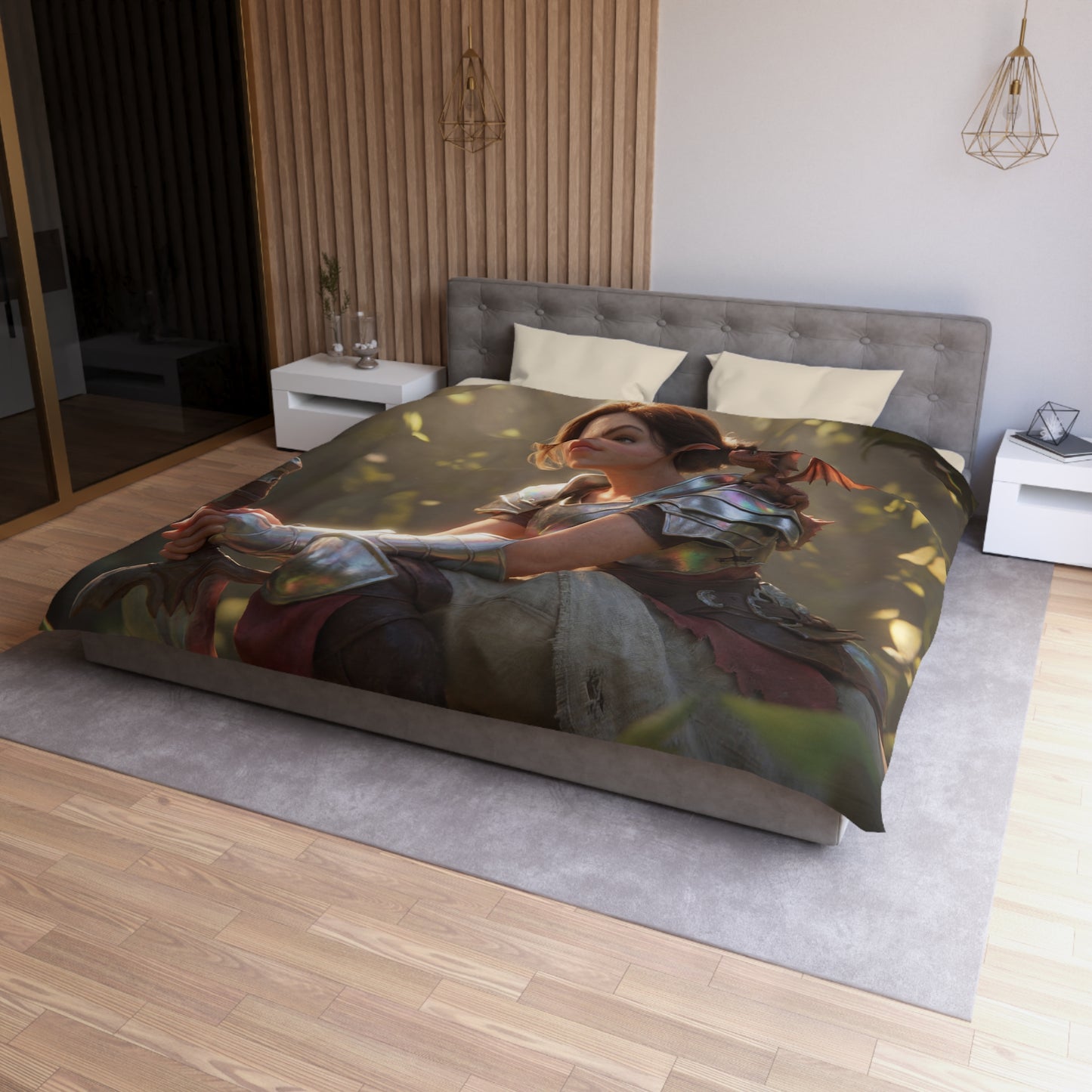 Elven Knight with Dragon Microfiber Duvet Cover – Iridescent Guardian Resting