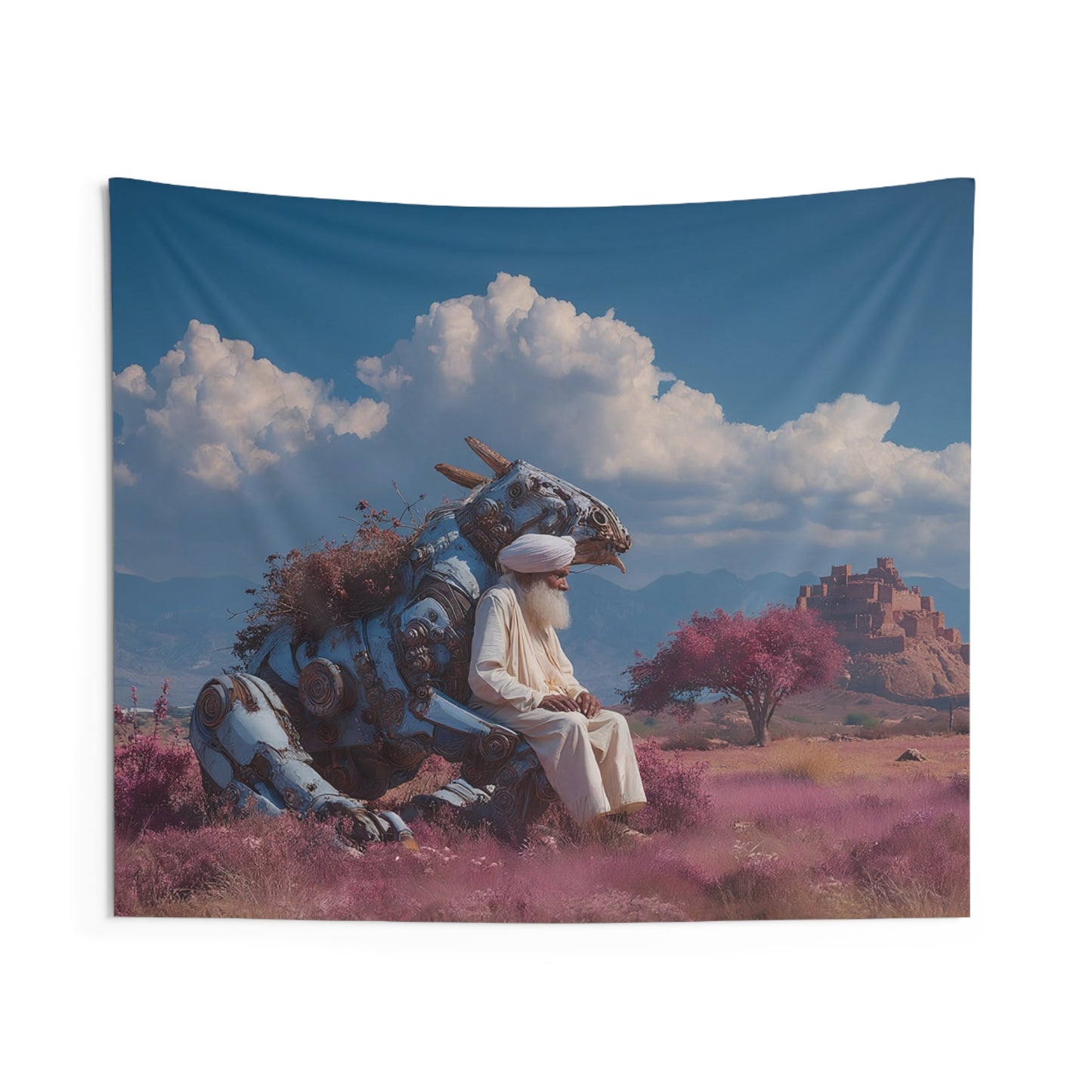 Sage on Mechanical Steed Indoor Wall Tapestries – Whispers of a Forgotten Desert