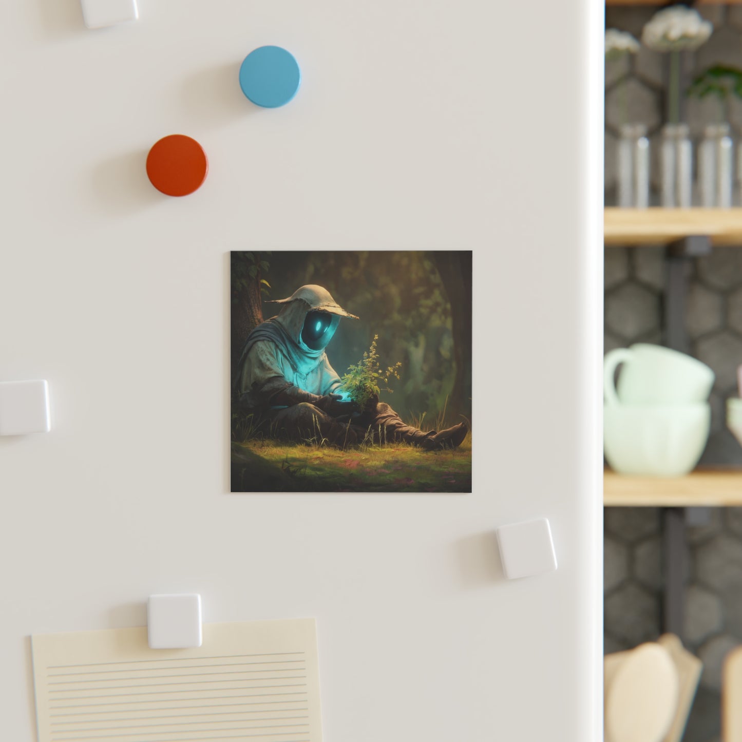 Forest Sentinel Square Magnet – Luminescent Guardian Amidst Ancient Canopy