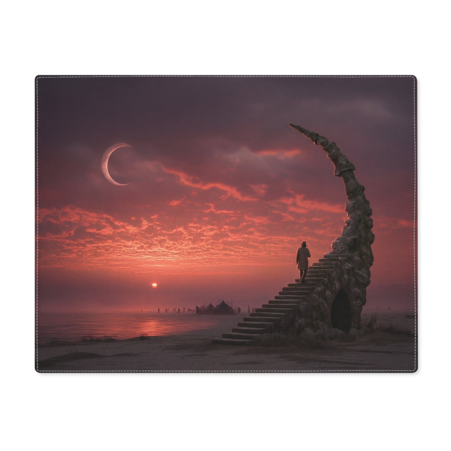 Lone Traveler on Celestial Staircase Placemat – Sunset with Crescent Moon and Desert Steps
