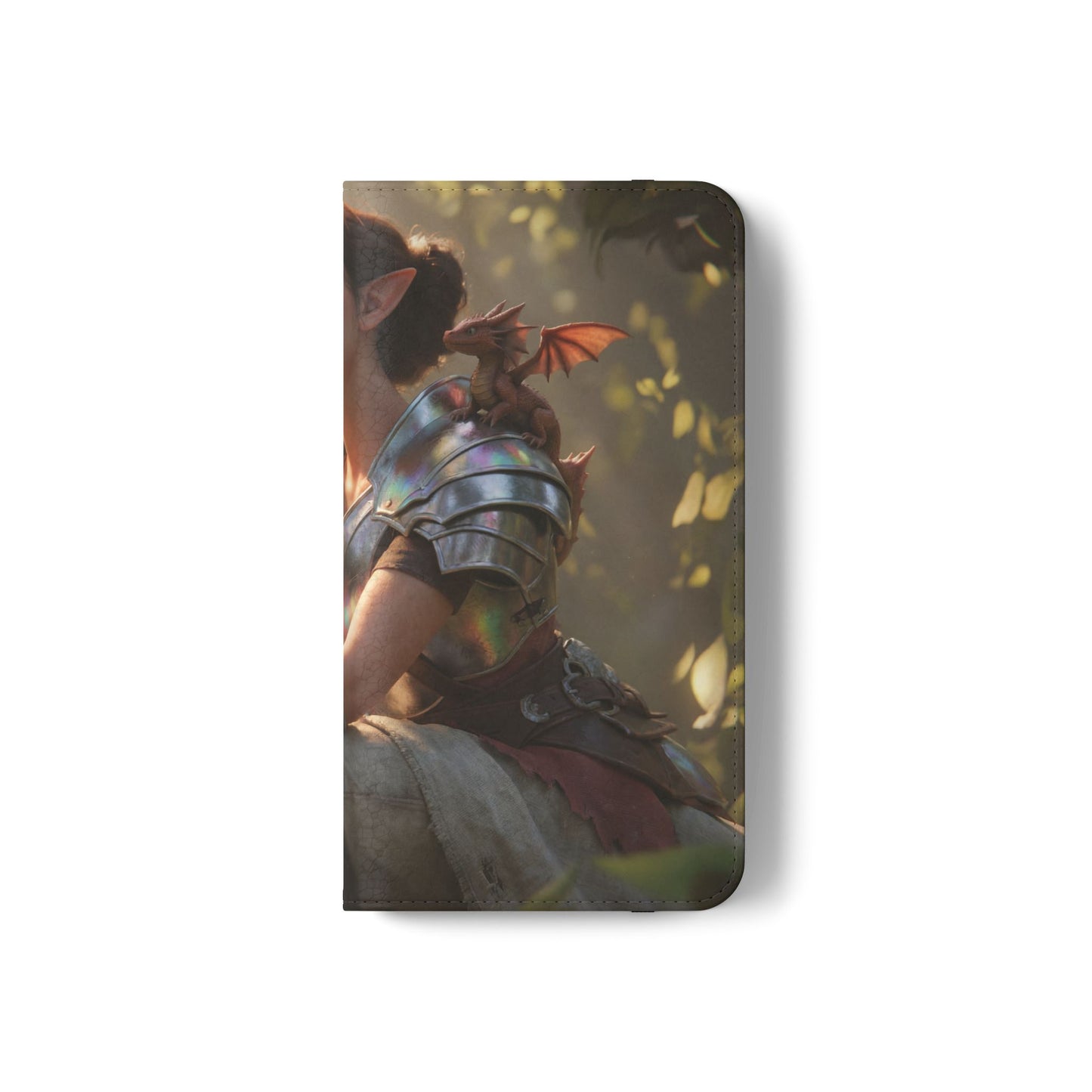 Elven Knight with Dragon Flip Cases – Iridescent Armor & Tiny Guardian Portrait