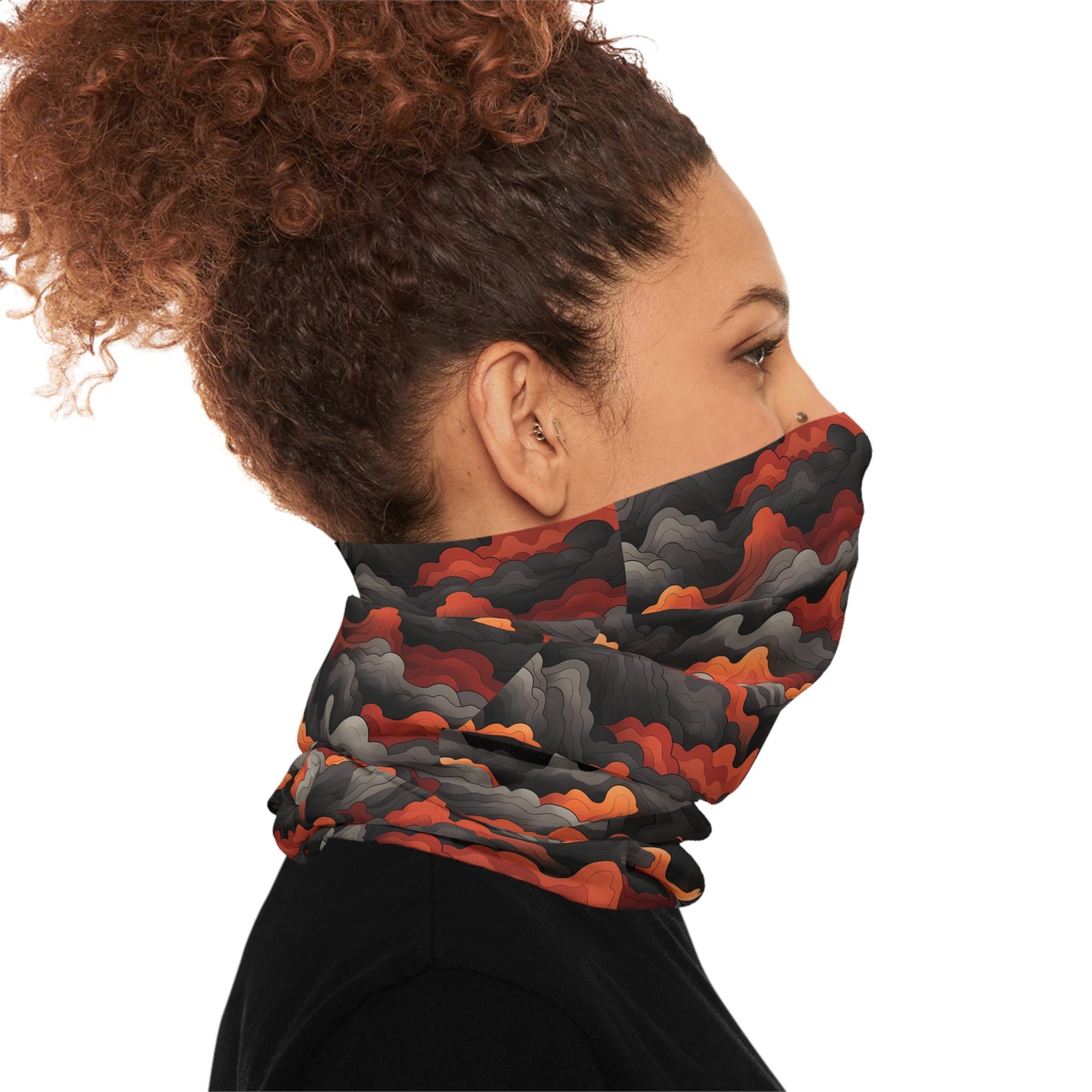 "A bold tiling pattern of angular, zig-zagging lines suggesting flames in red and orange tones overlaid on clouds of gray and black smoke" - Lightweight Neck Gaiter