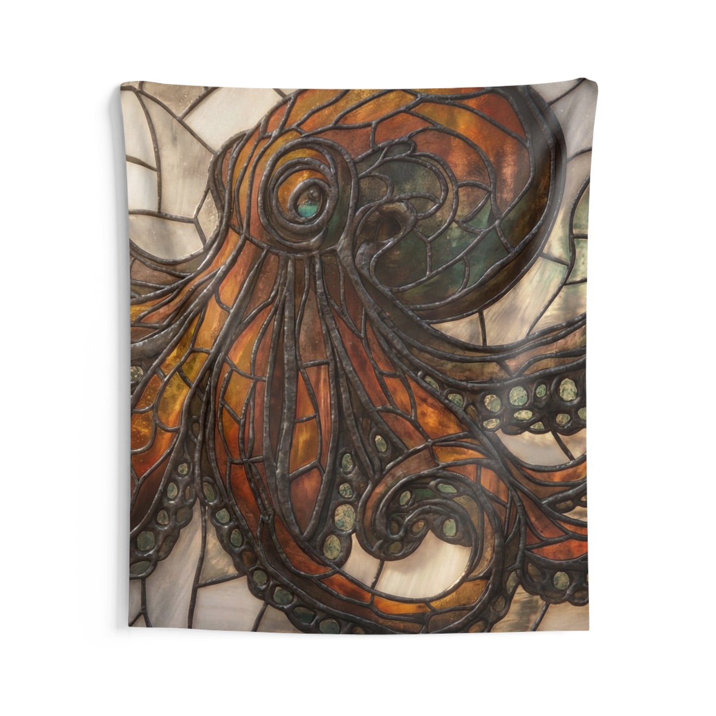Stained Glass Octopus Wall Tapestry – Amber Tide Guardian