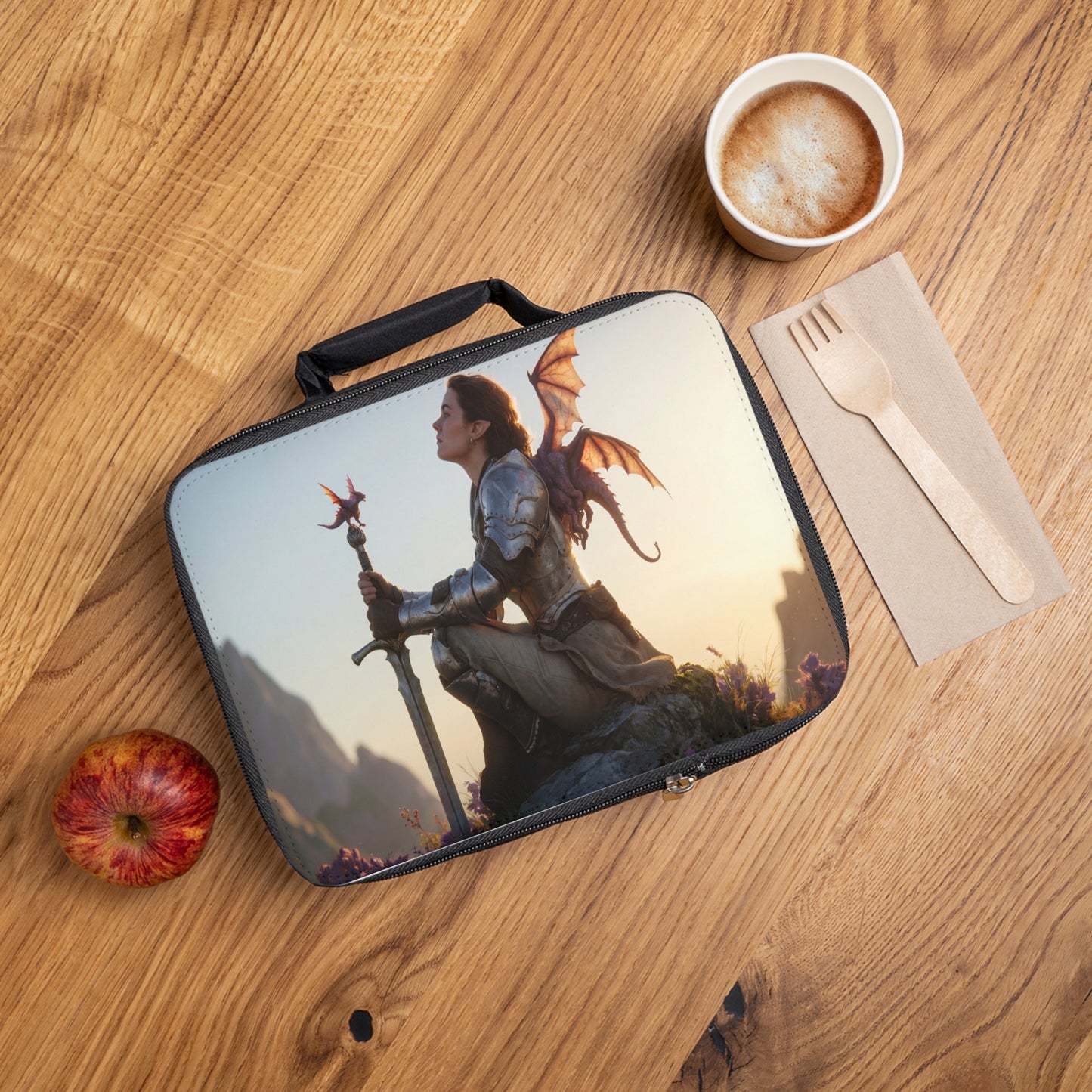 Dragon Knight with Sword Lunch Bag – Sunset Sentinel of the Peaks