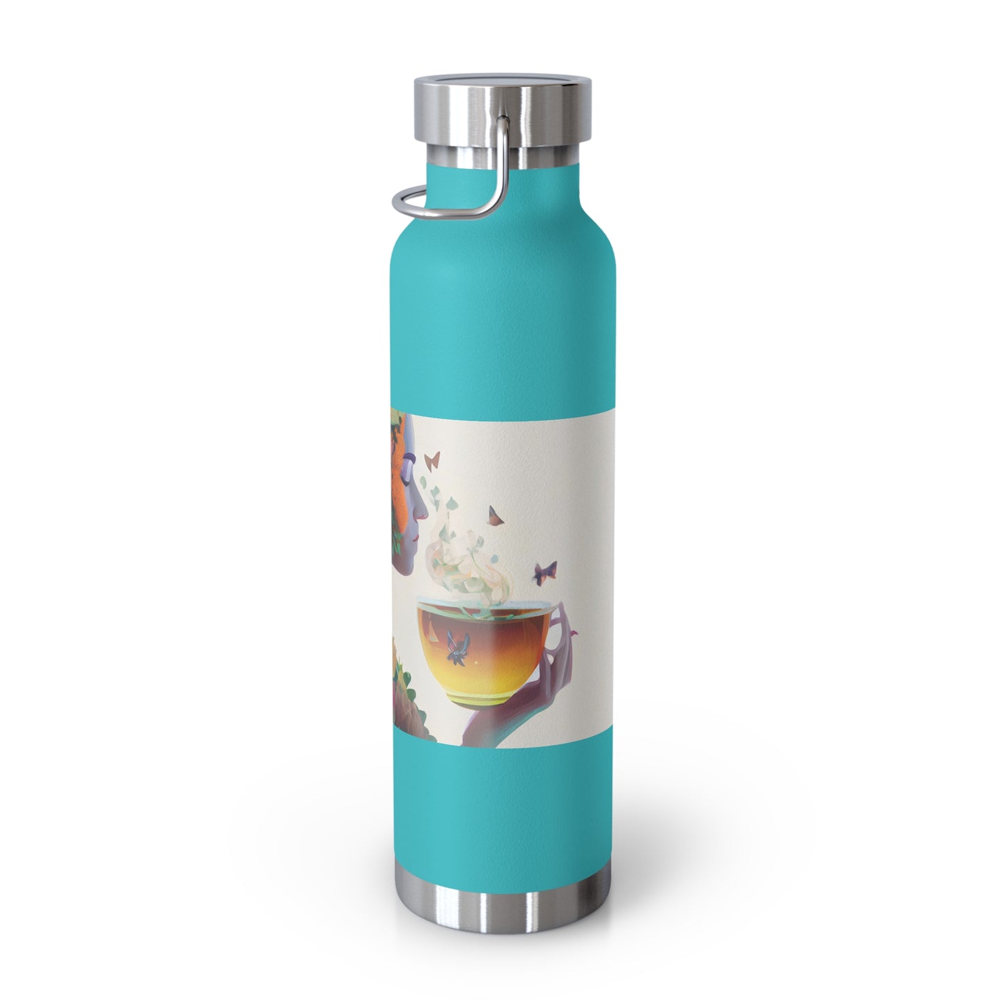 character design, double exposure shot, front profile of a beautiful tea faerie filled with a blooming amazonian jungle, happiness - Copper Vacuum Insulated Bottle, 22oz