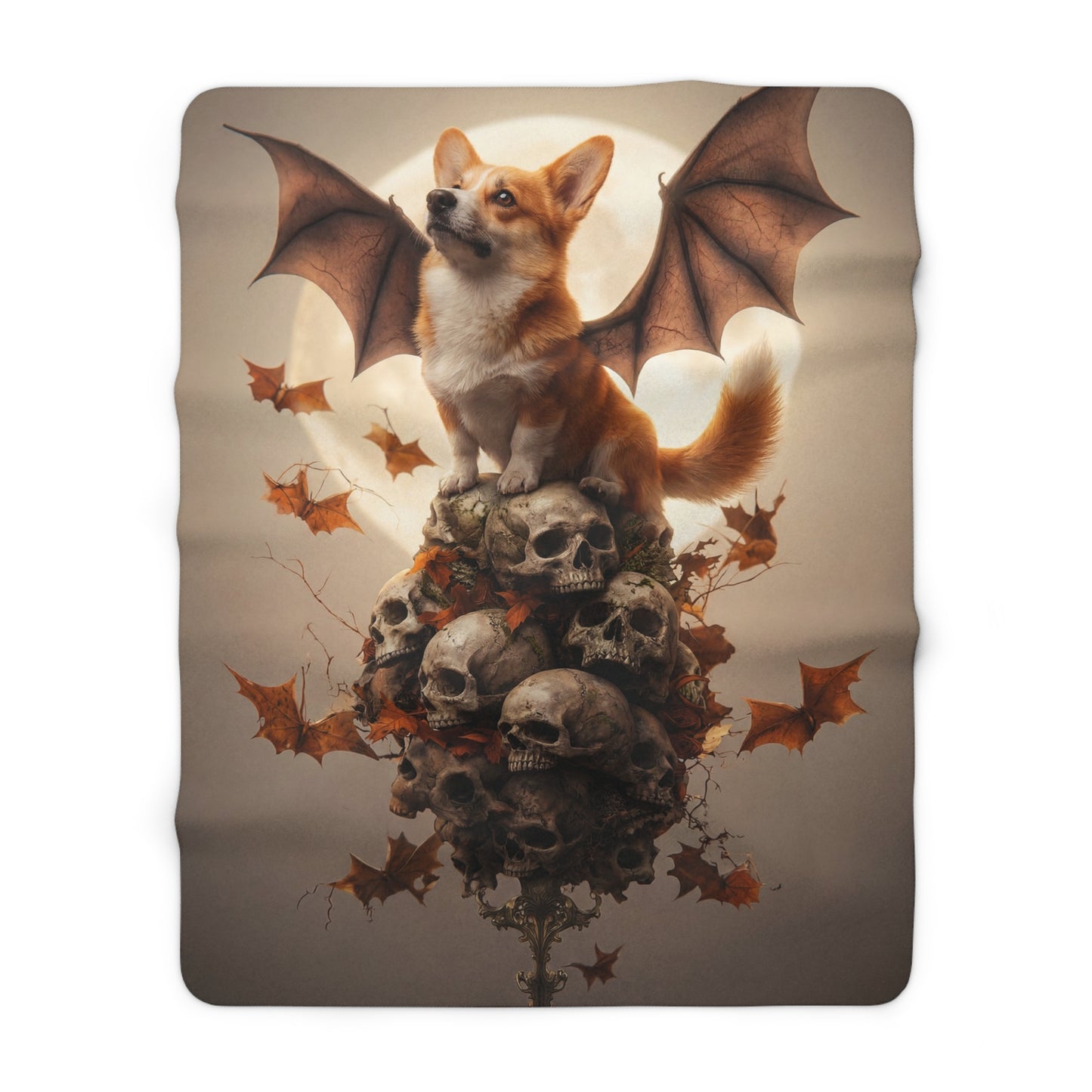Winged Corgi Skeleton Throne Blanket – Gothic Guardian Sherpa Fleece Wrap