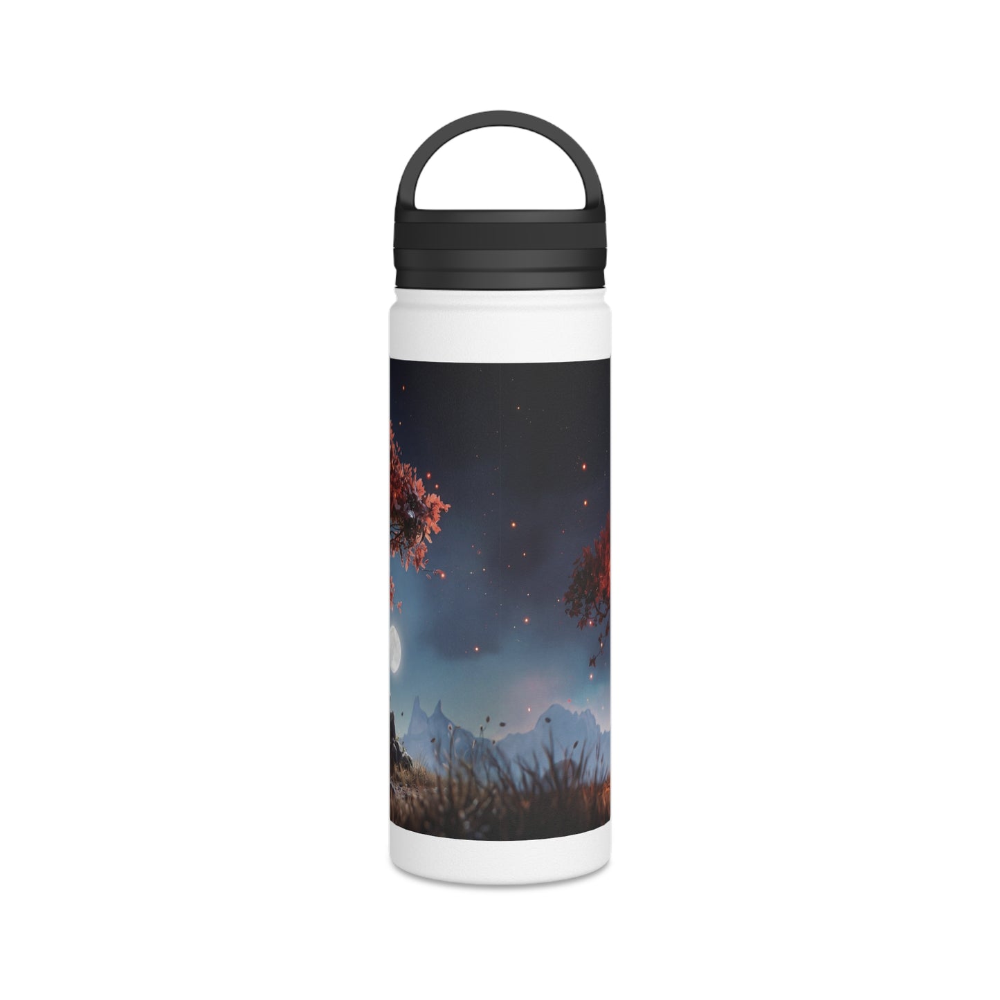 Whispering Flame Tree Stainless Steel Water Bottle, Handle Lid – Moonlit Campfire Sanctuary